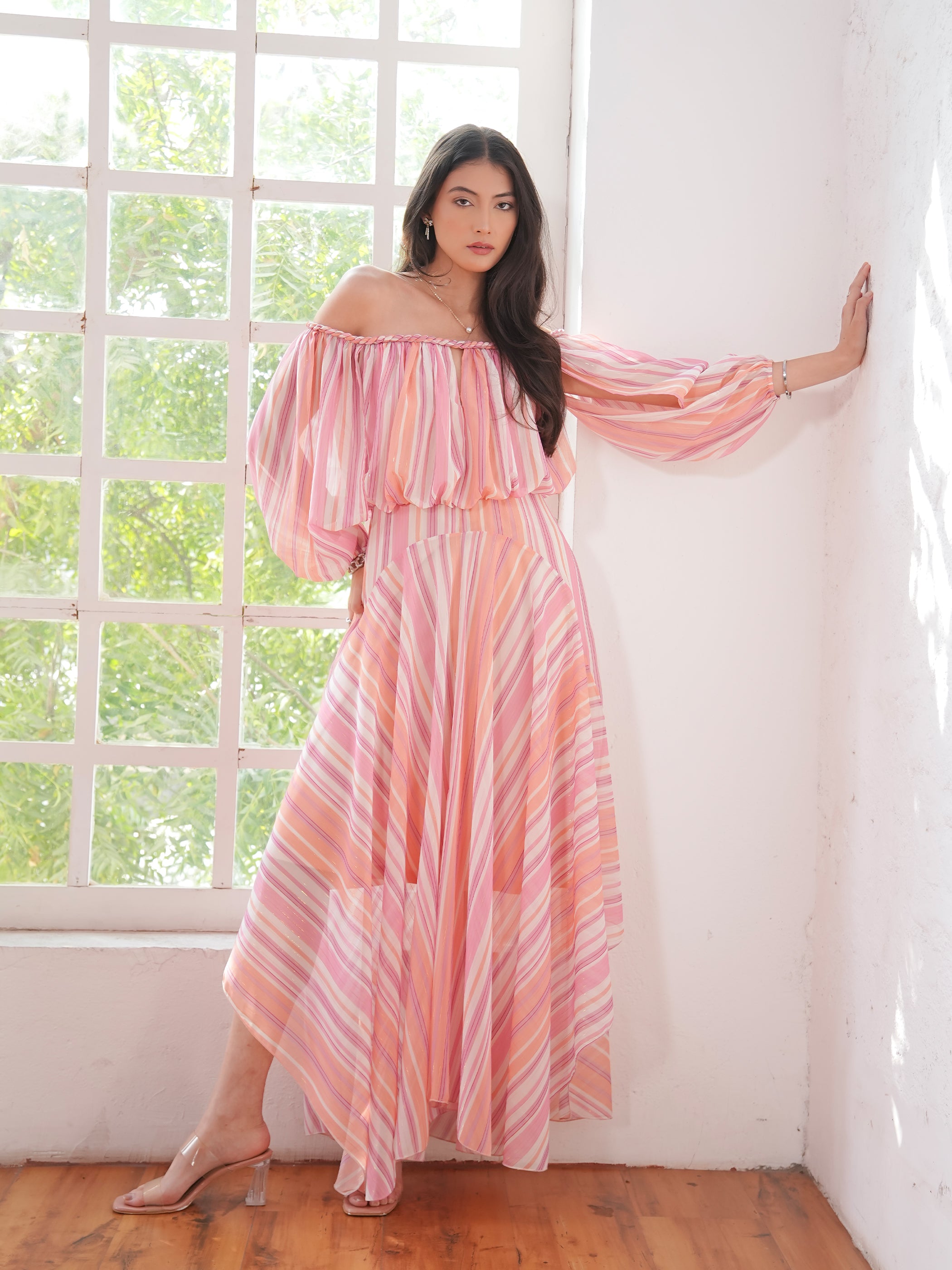 Lila Pink Coral Metallic Stripe Asymetric Haxi Dress