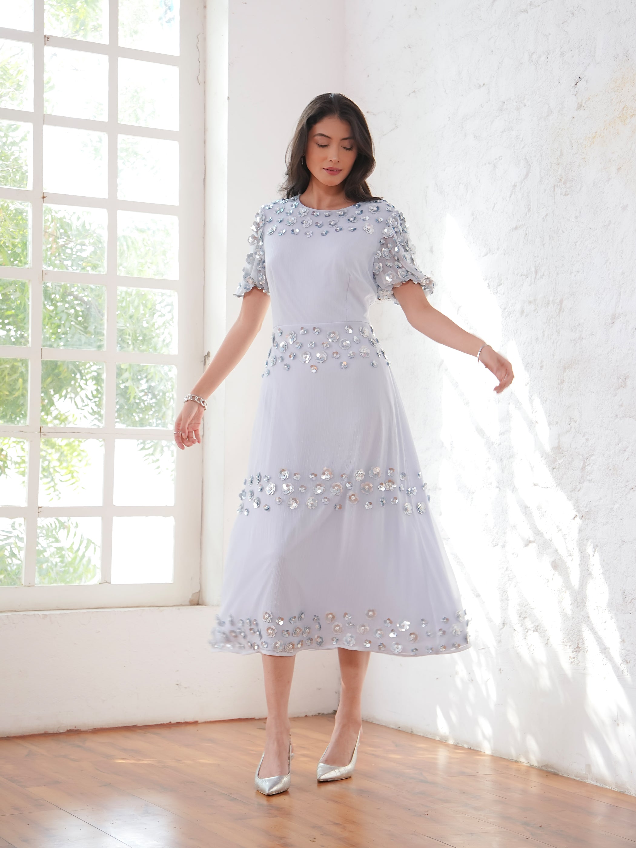 Morena Soft Blue Hand Embellished Midi Dress