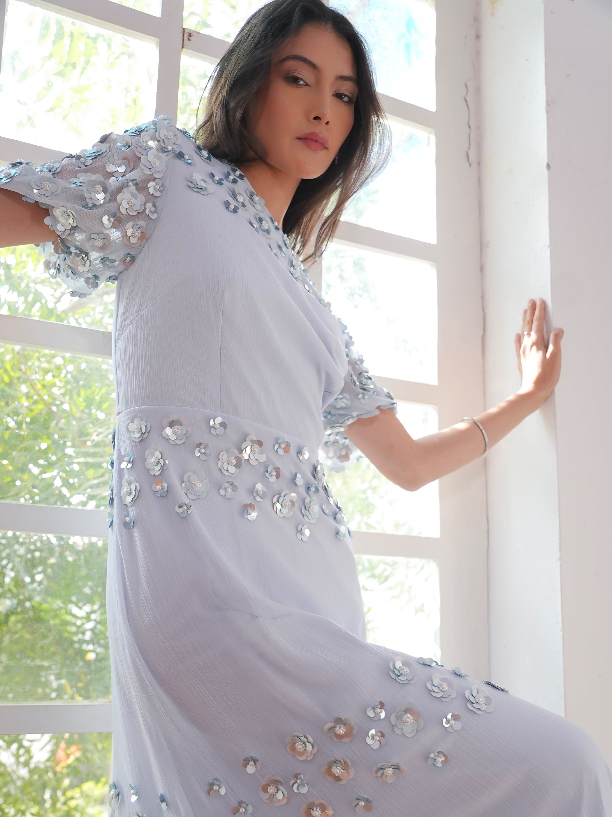 Morena Soft Blue Hand Embellished Midi Dress