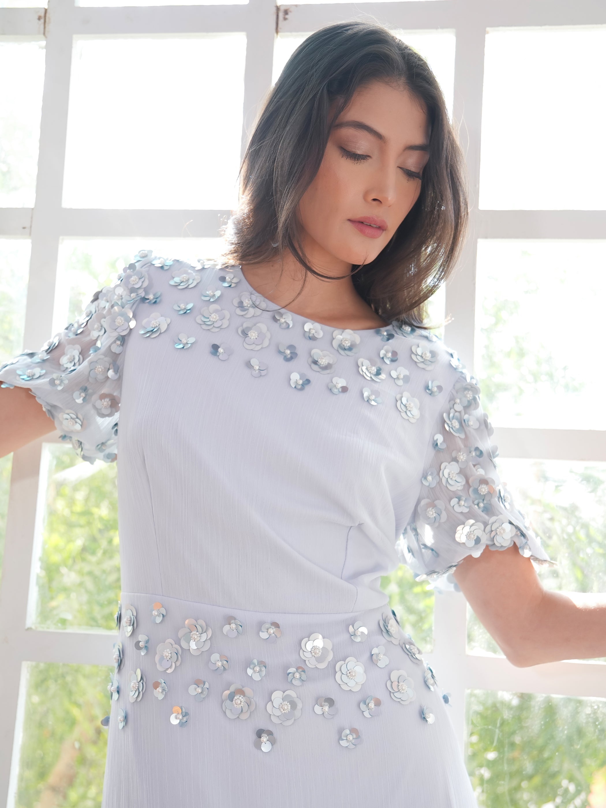 Morena Soft Blue Hand Embellished Midi Dress