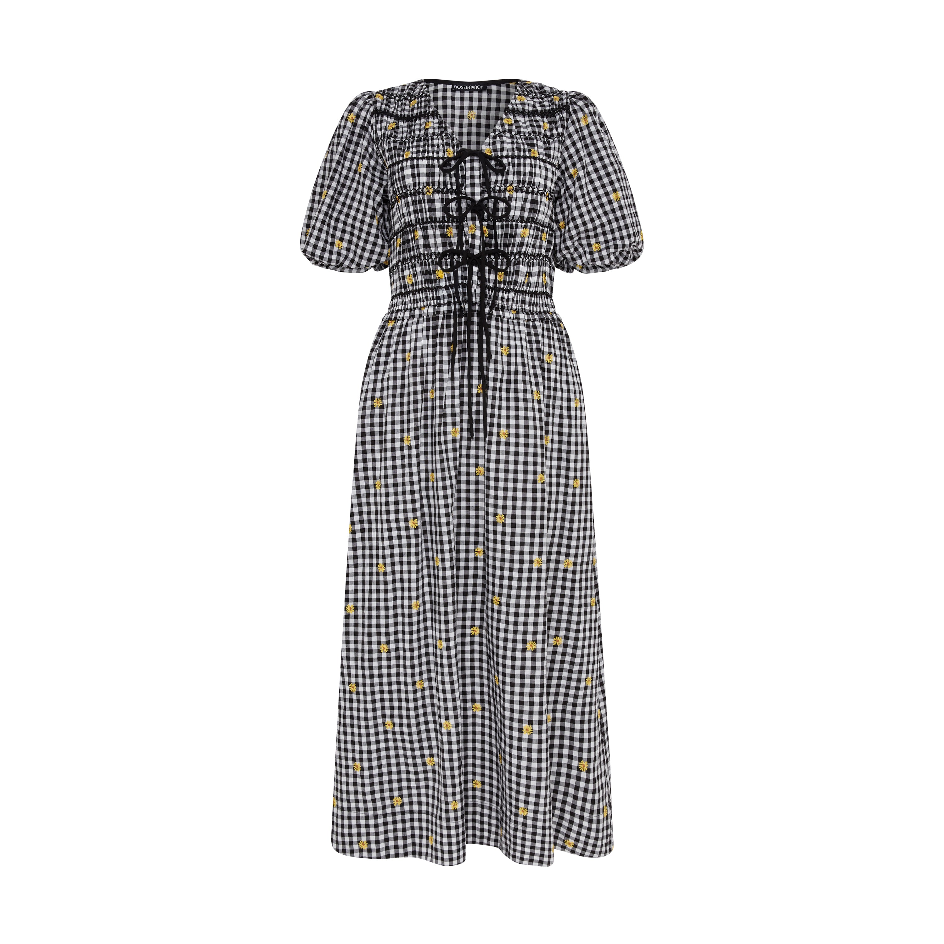 Isla Black and White Checked Smocked Midi Dress