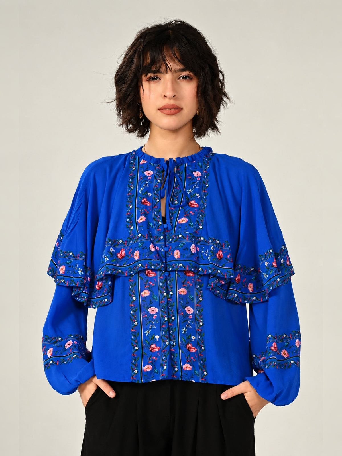 Tory Blue Floral Cape Blouse
