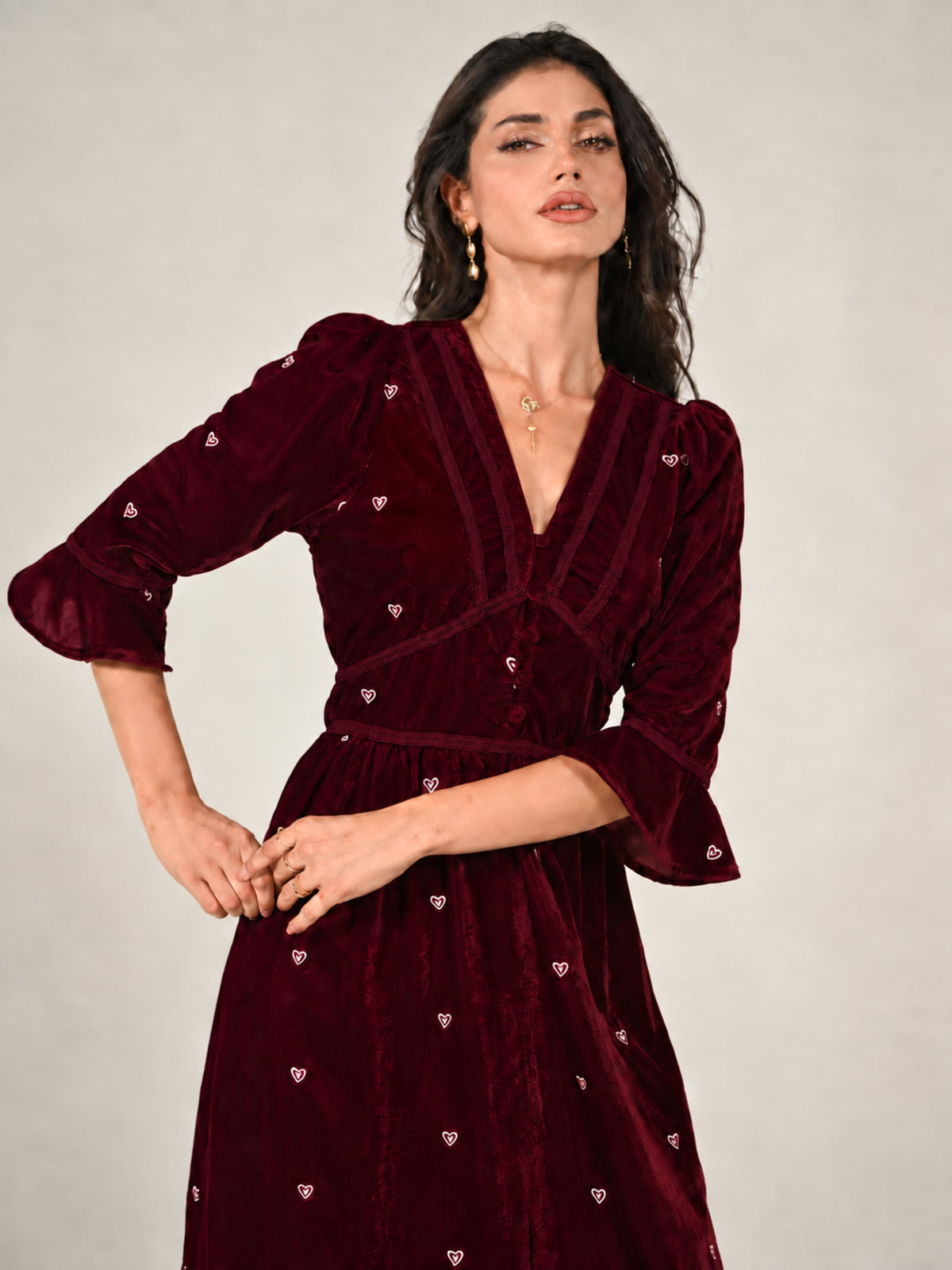 Giselle Burgundy Embroidery Velvet Midi Dress