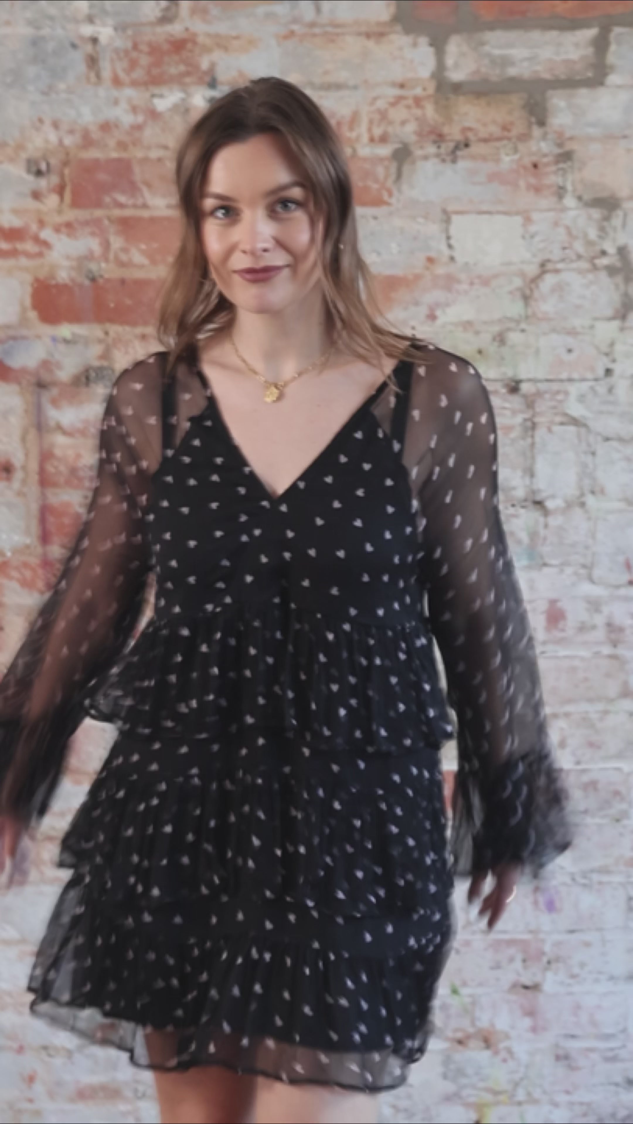 Evie Heart Black Heart Print Tiered Mini Dress