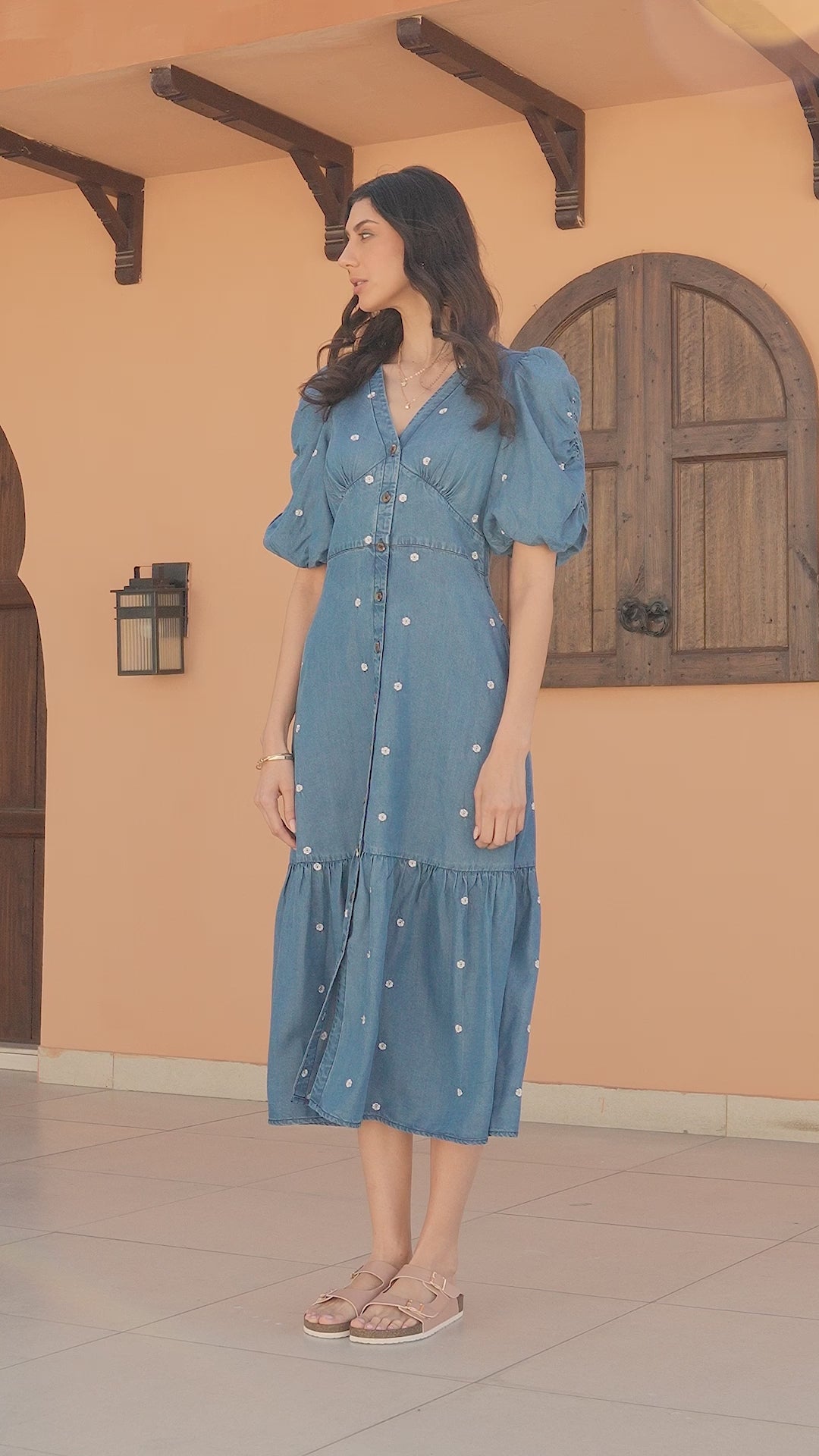 Mila Denim Tencel Daisy Embroidered Midi Dress