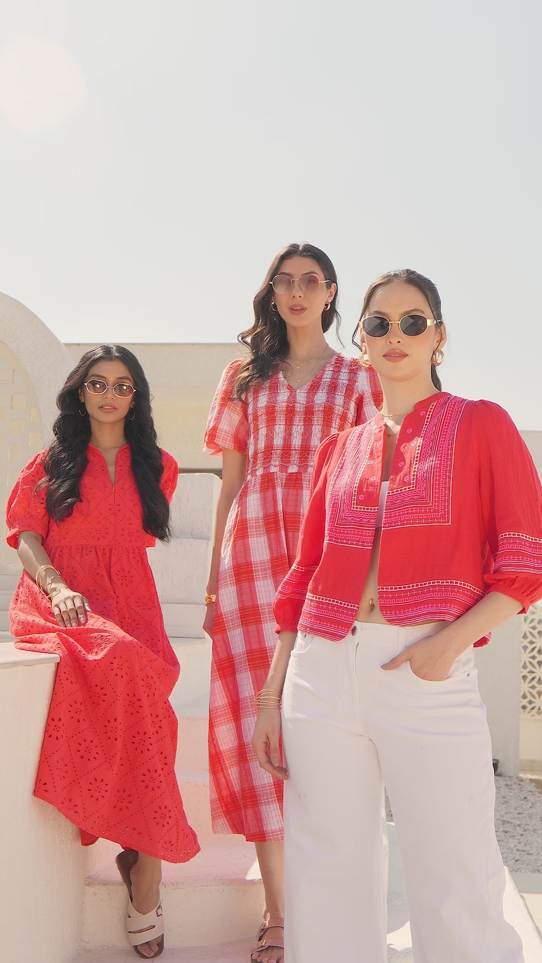 Nella Coral White Check Smock Midi Dress With Embroidery