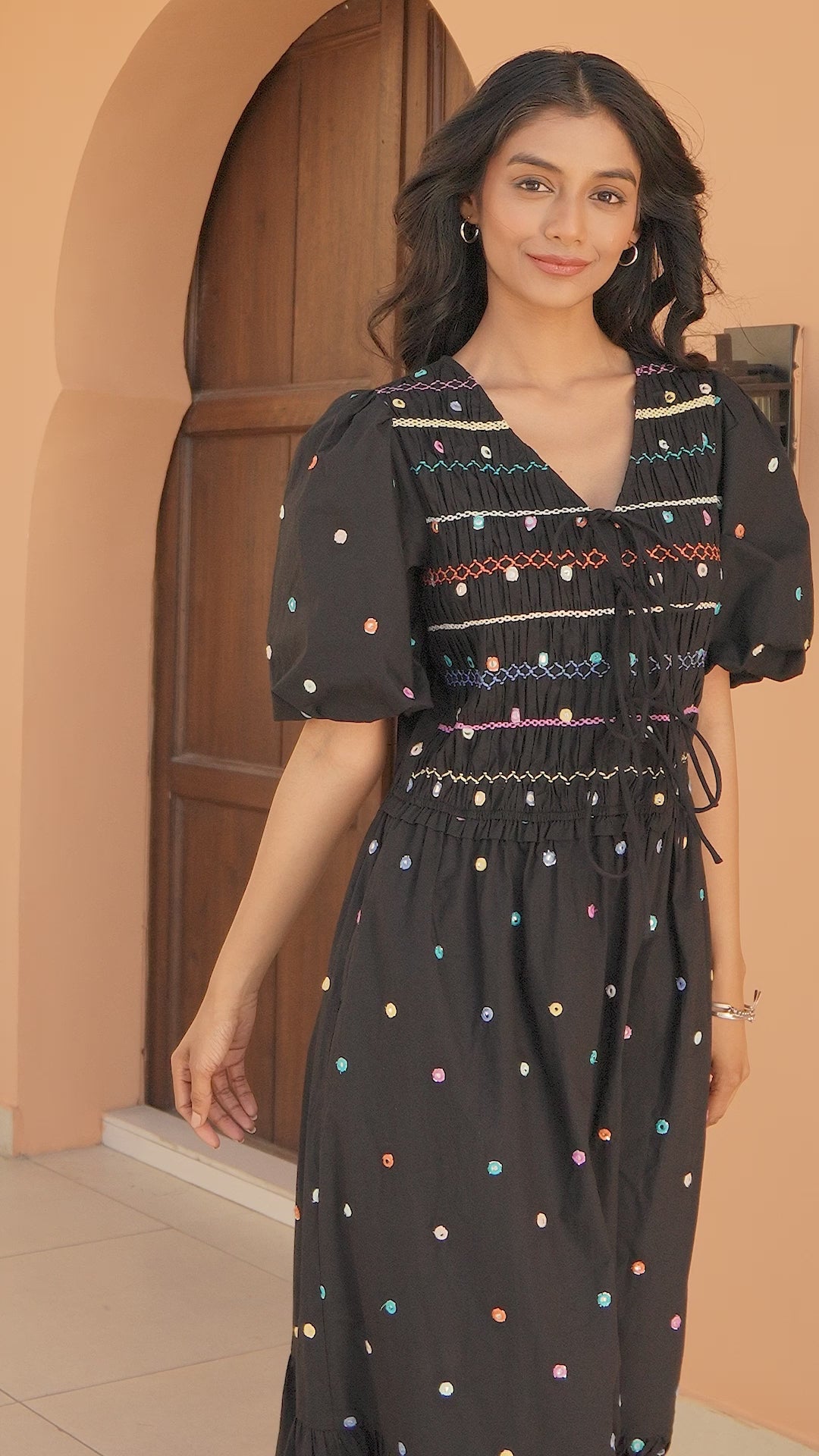 Eddie Black Multi Embroidered Smocked Maxi Dress