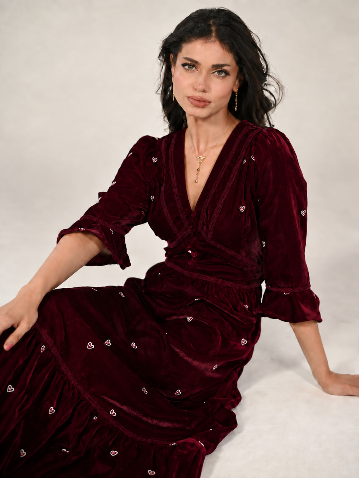 Giselle Burgundy Embroidery Velvet Midi Dress