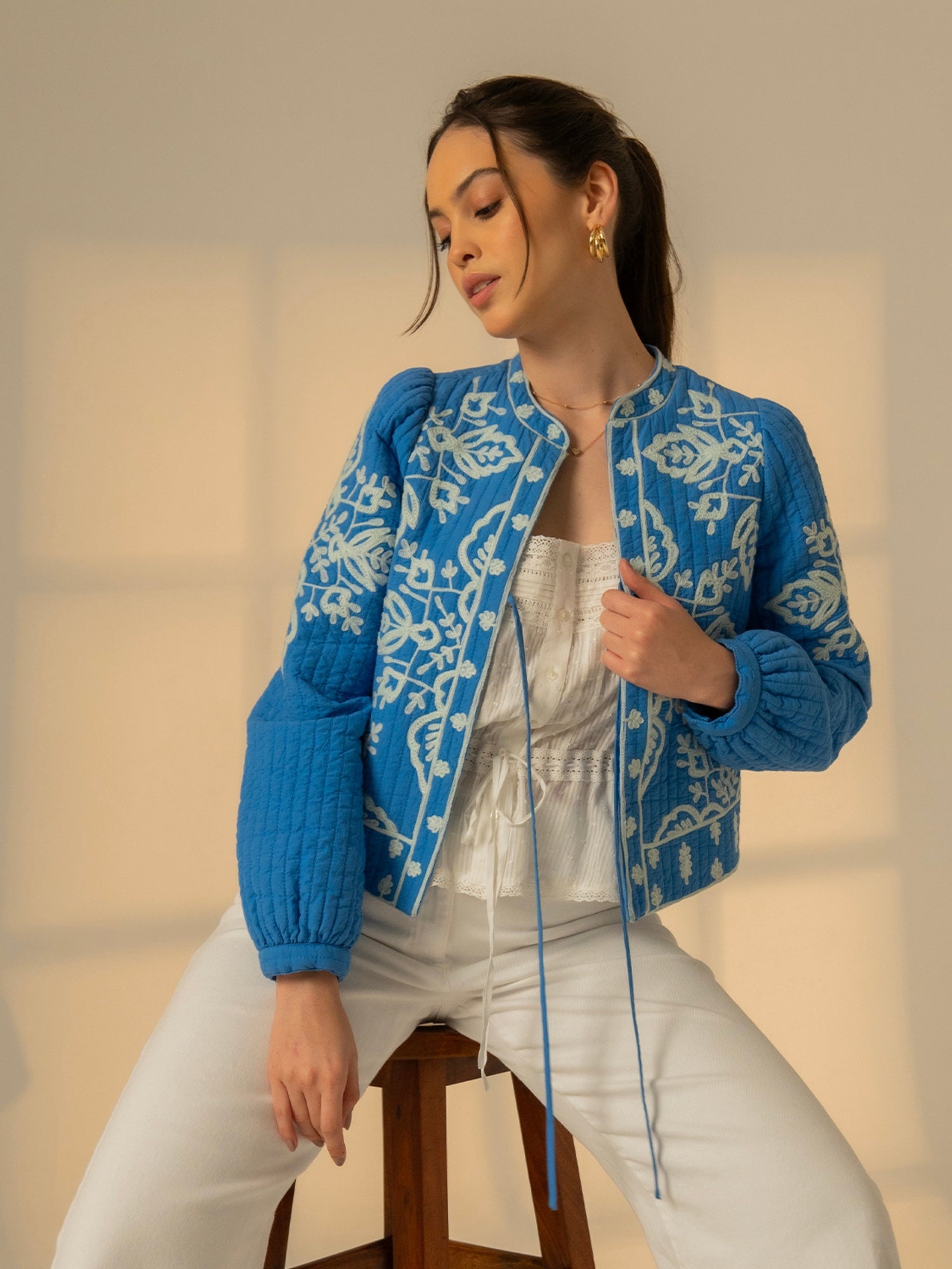 Lori Blue Embroidered Quilted Jacket 
