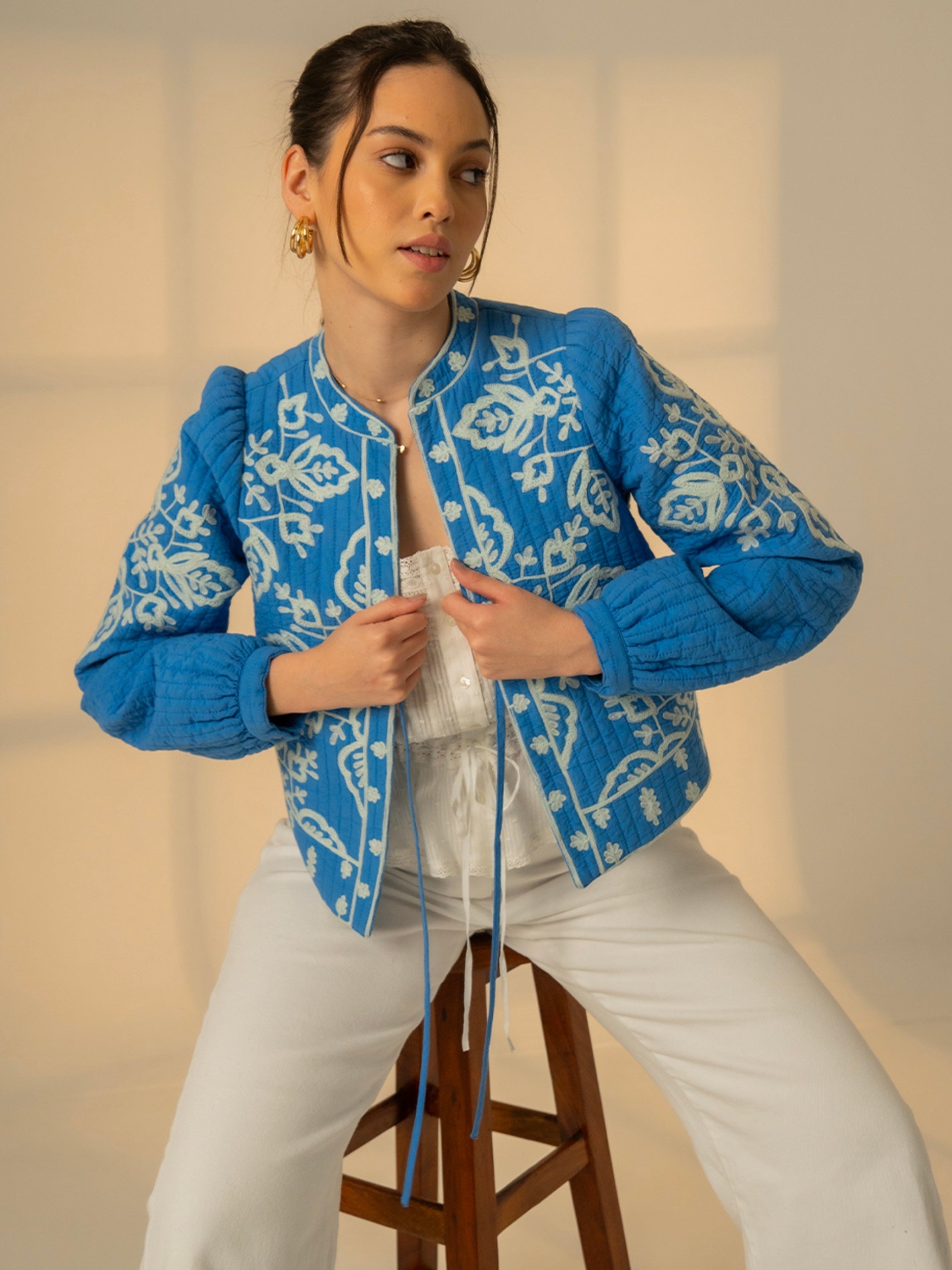 Lori Blue Embroidered Quilted Jacket 