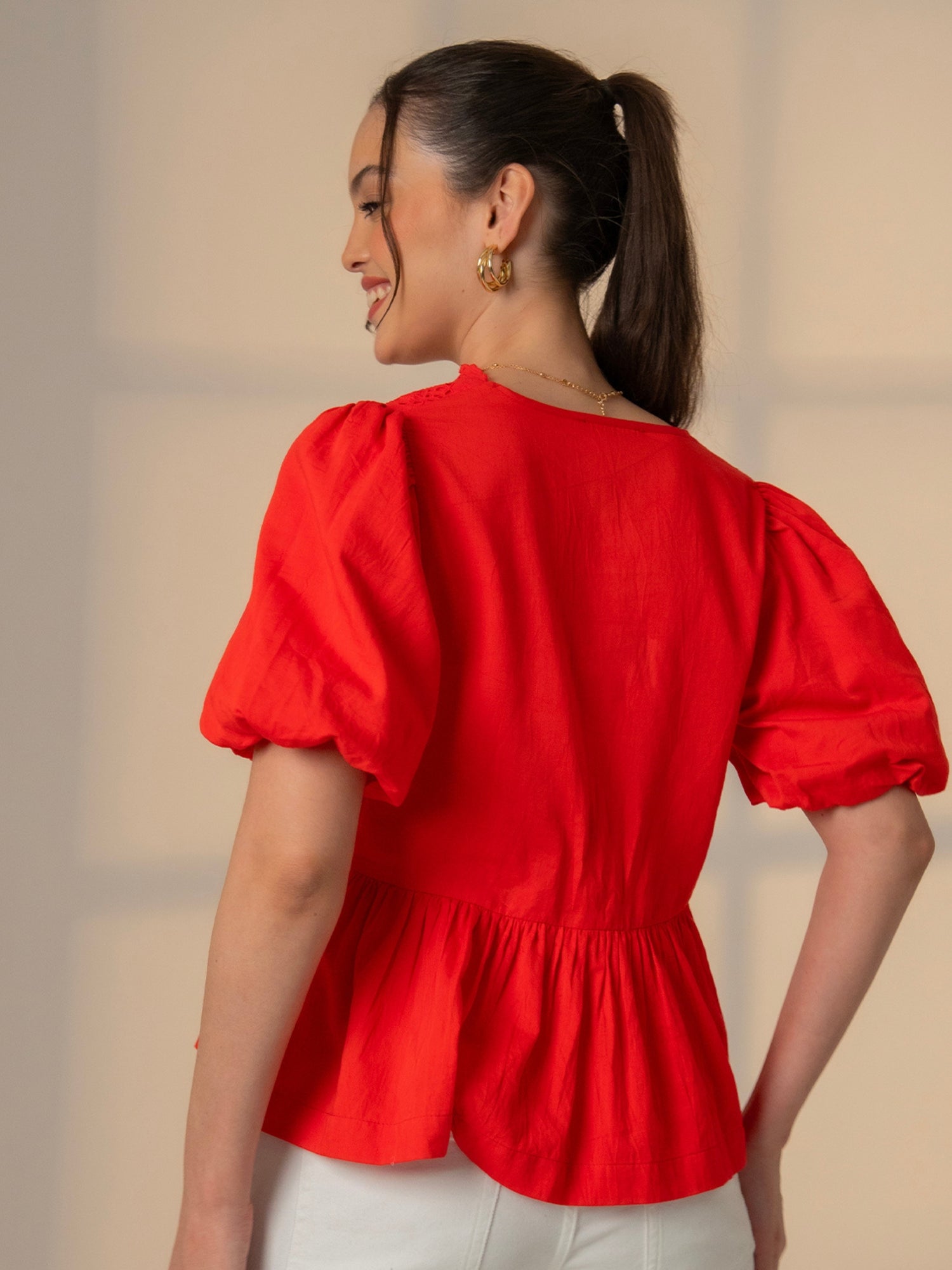 Haillie Coral Red Lace Trim Bow Blouse