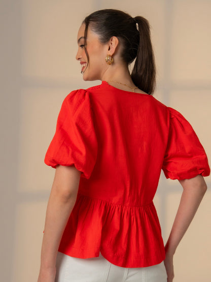 Haillie Coral Red Lace Trim Bow Blouse