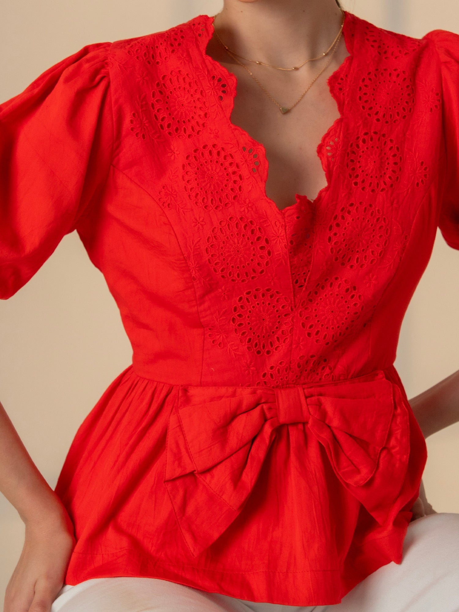 Haillie Coral Red Lace Trim Bow Blouse