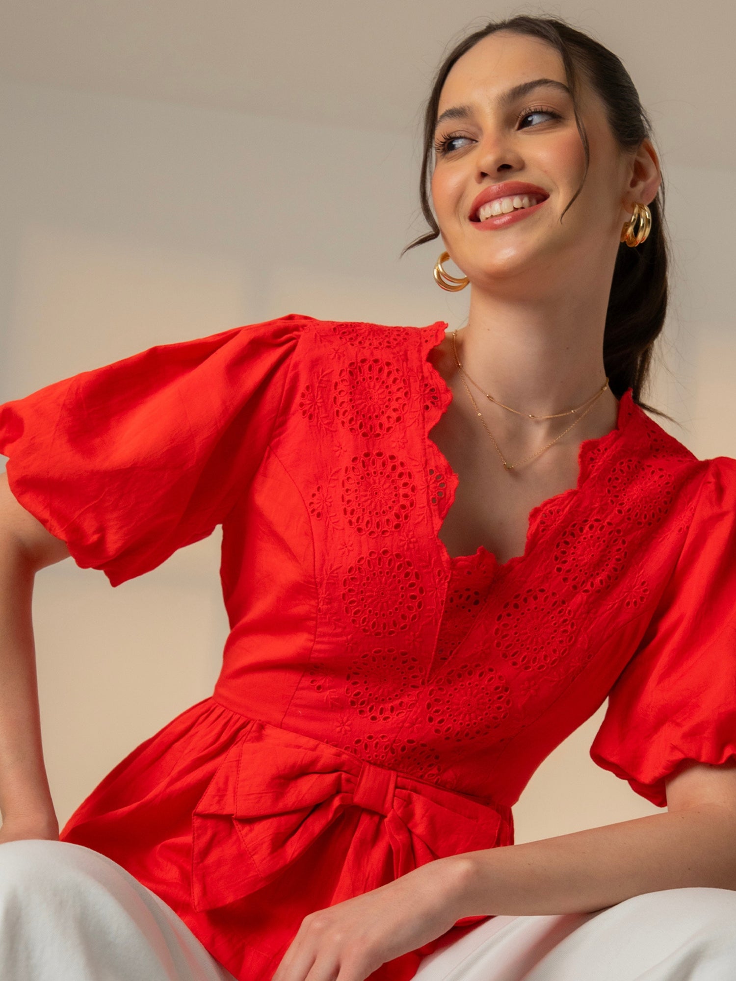 Haillie Coral Red Lace Trim Bow Blouse