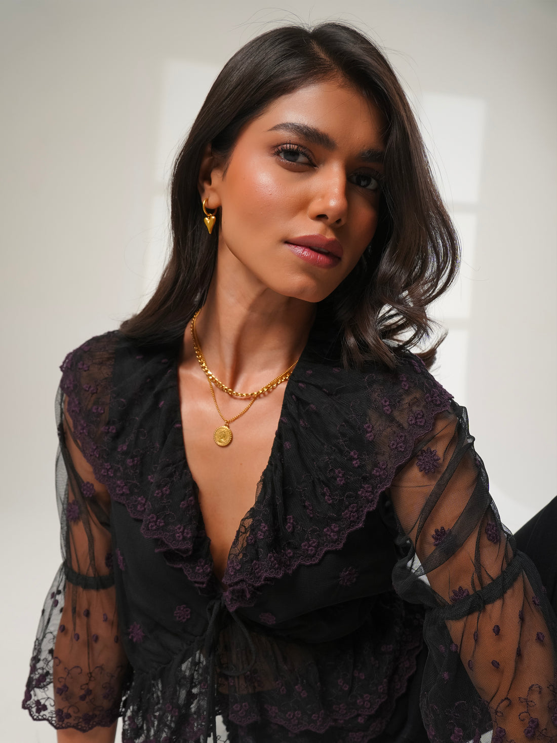 Samira Black and Berry Embroidered Lace Blouse