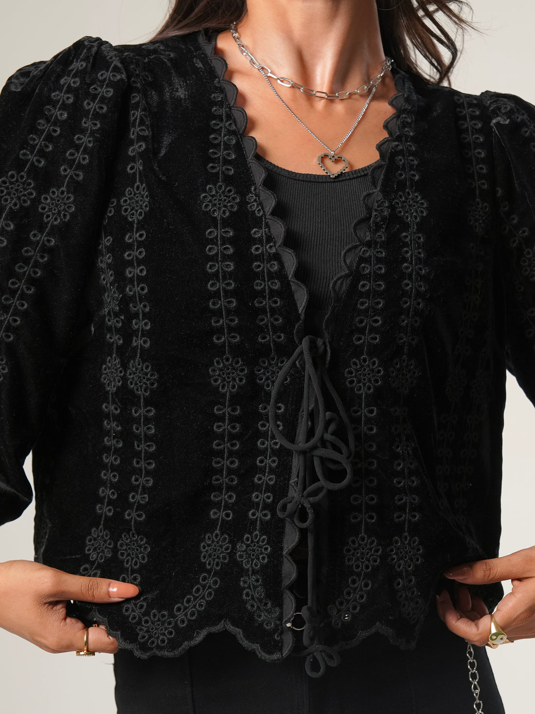 Drew Black Embroidered Velvet Tie Front Top