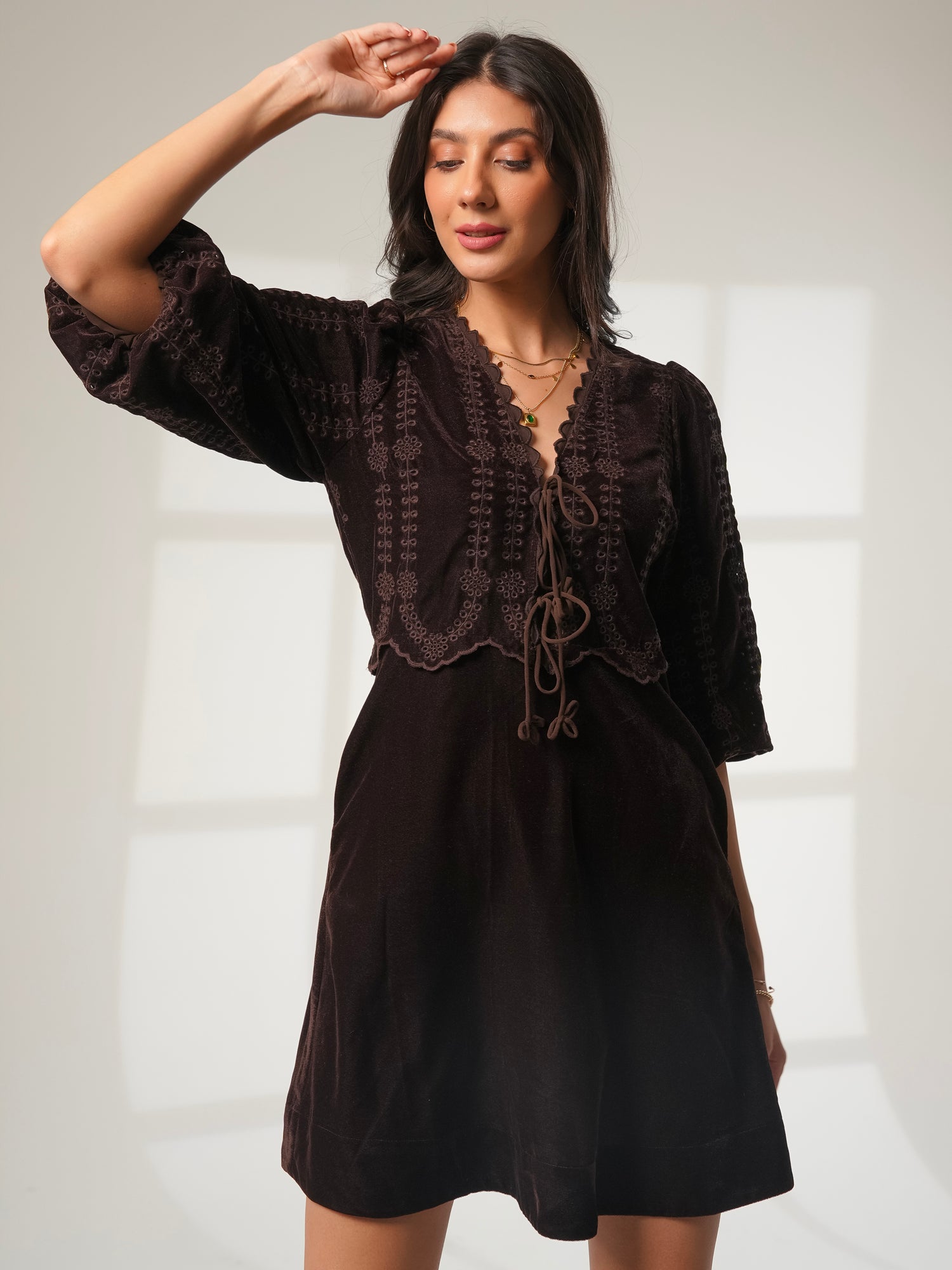Drew Chocolate Brown Embroidered Velvet Tie Front Dress