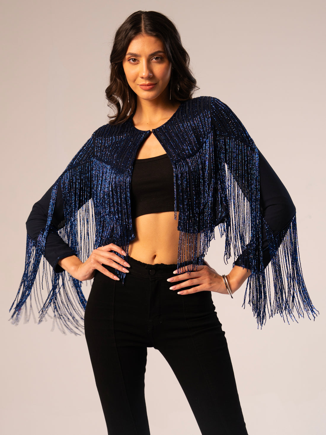 Blue Black Scarlett Beaded Fringe Jacket