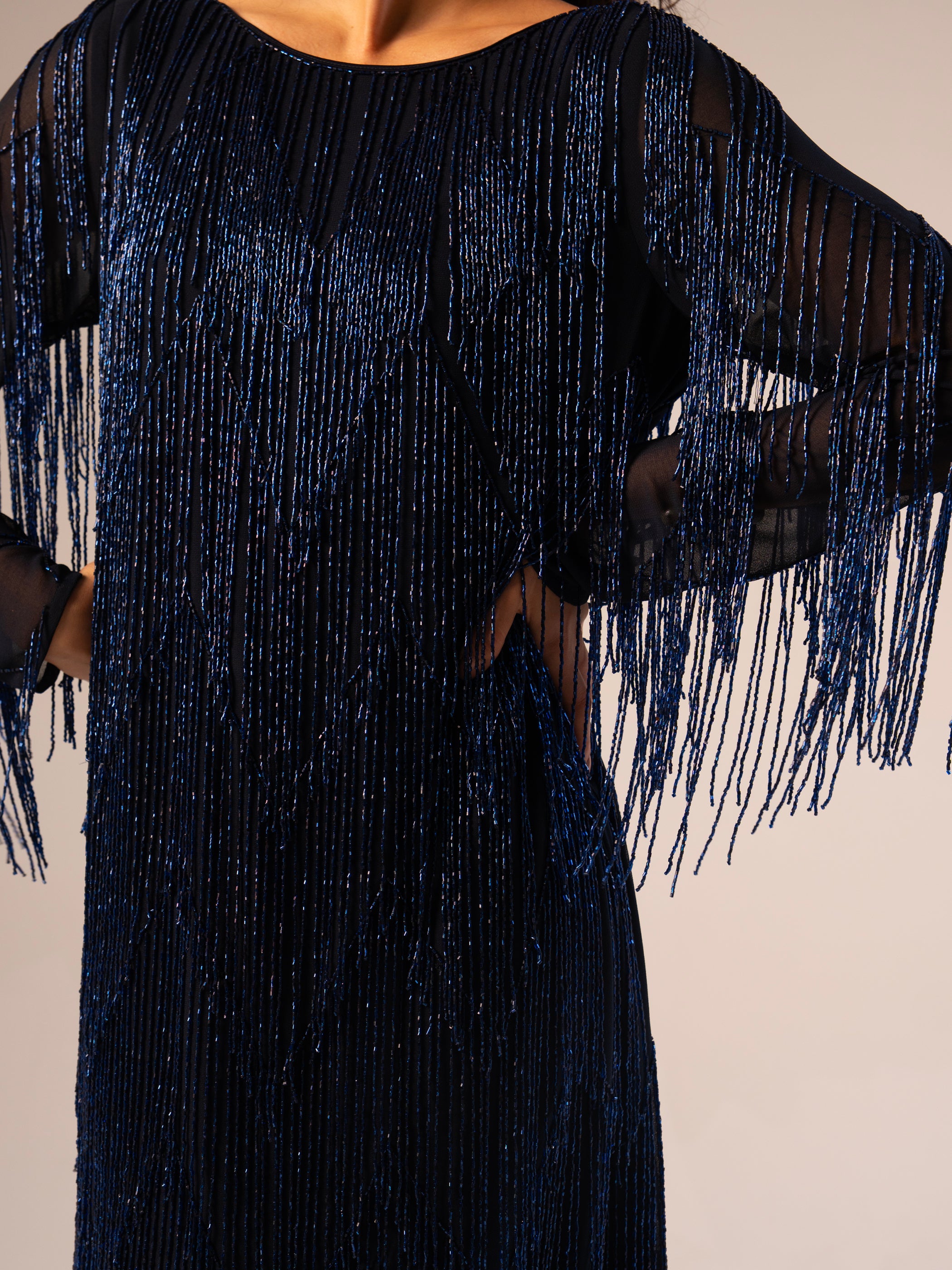 Janey Blue Black Beaded Fringe Mini Dress