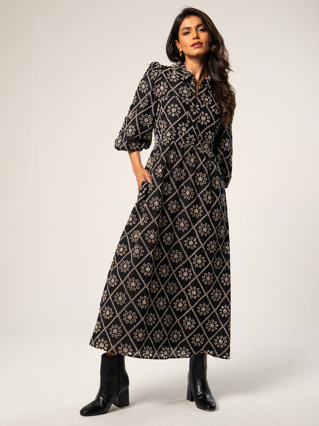 Lucille Black And White Broderie Dress