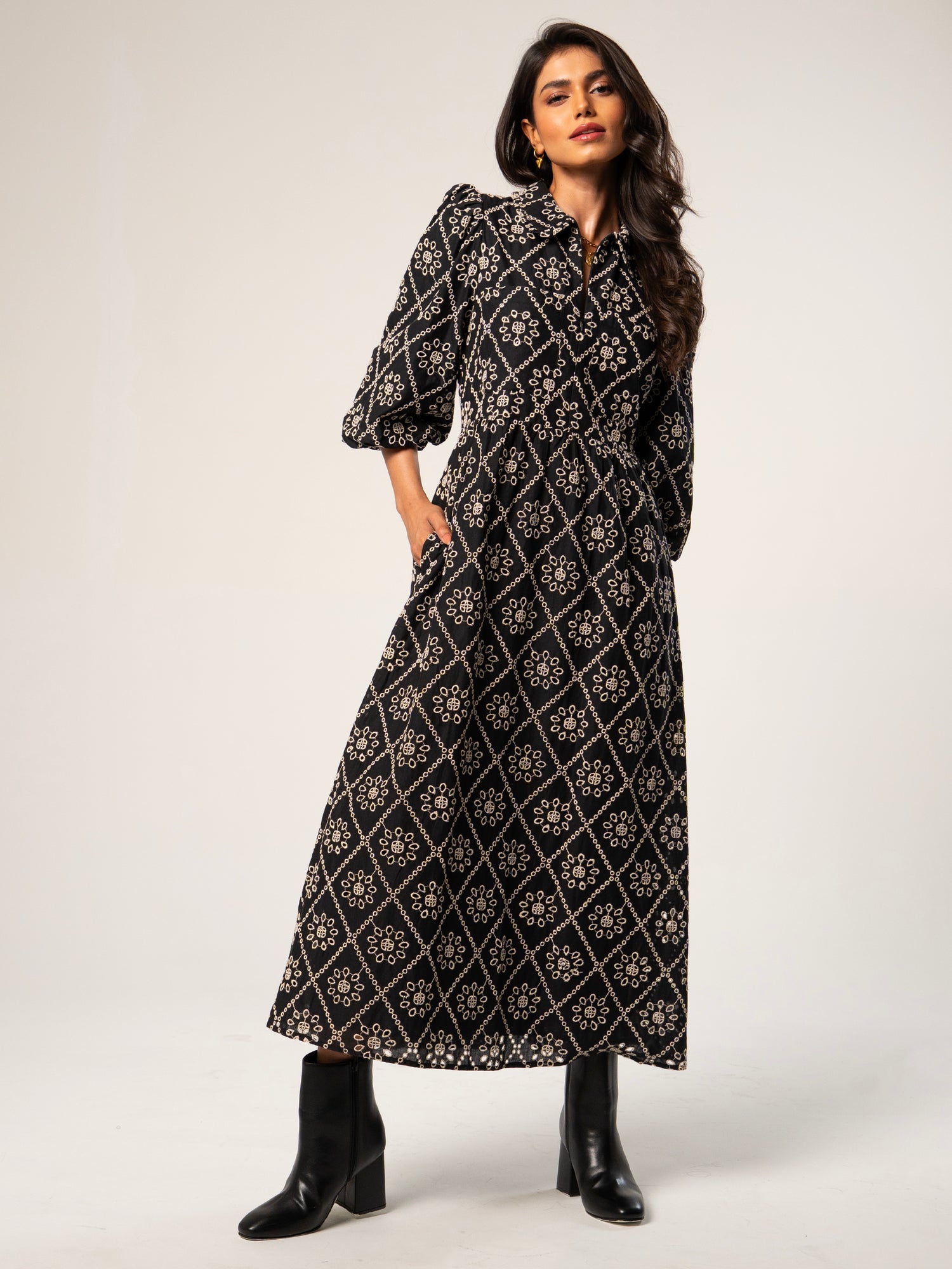 Lucille Black And White Broderie Dress