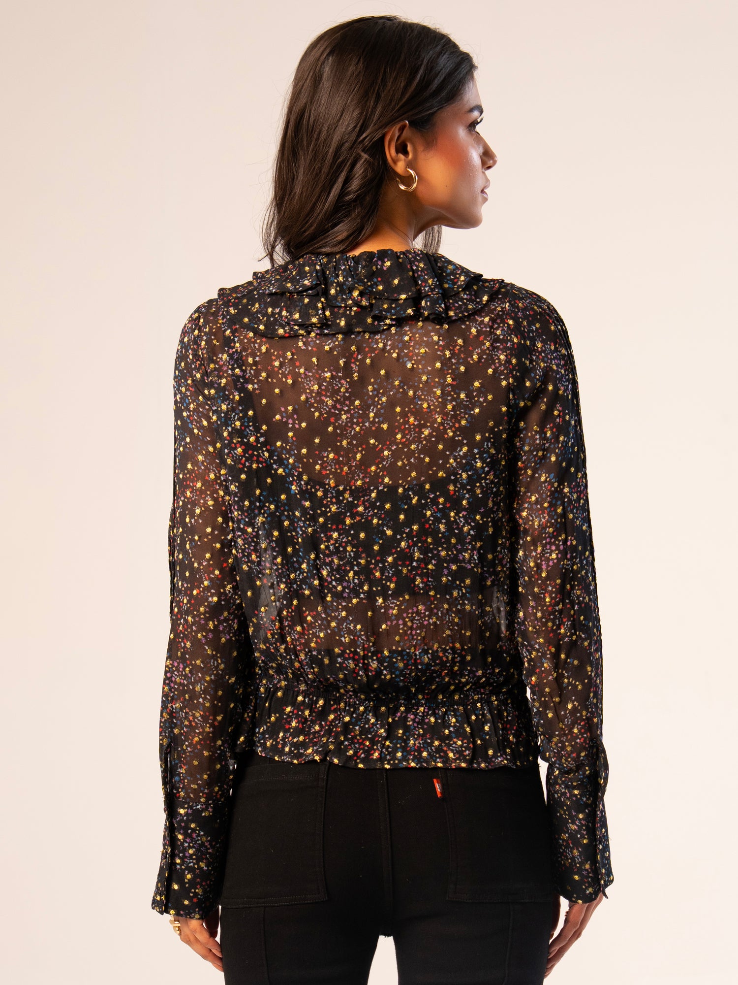 Tara Black Star Print Metallic Polka Dot Blouse