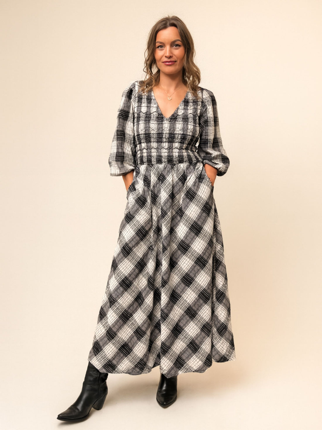 Nella Black and White Check Smocked Midi Dress 