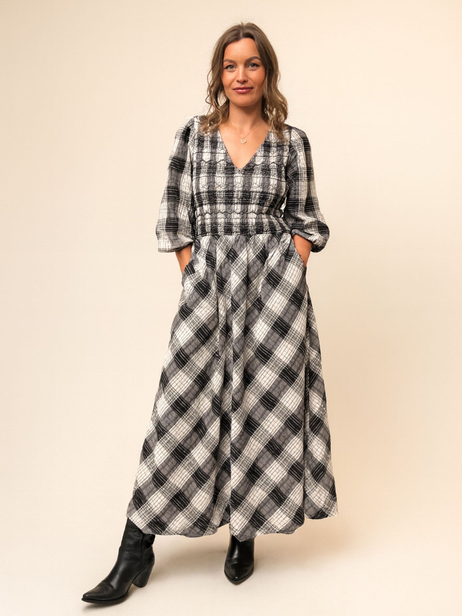 Nella Black and White Check Smocked Midi Dress 