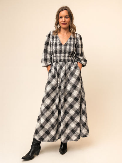 Nella Black and White Check Smocked Midi Dress 