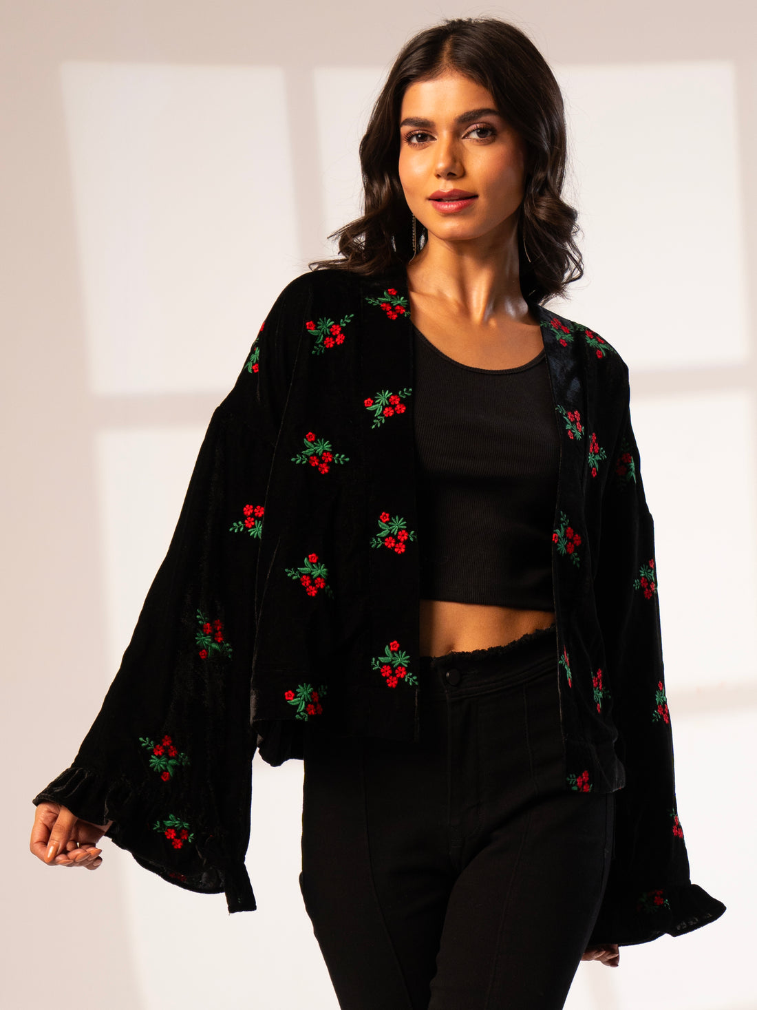 Jolie Black Red Embroidered Velvet Kimono