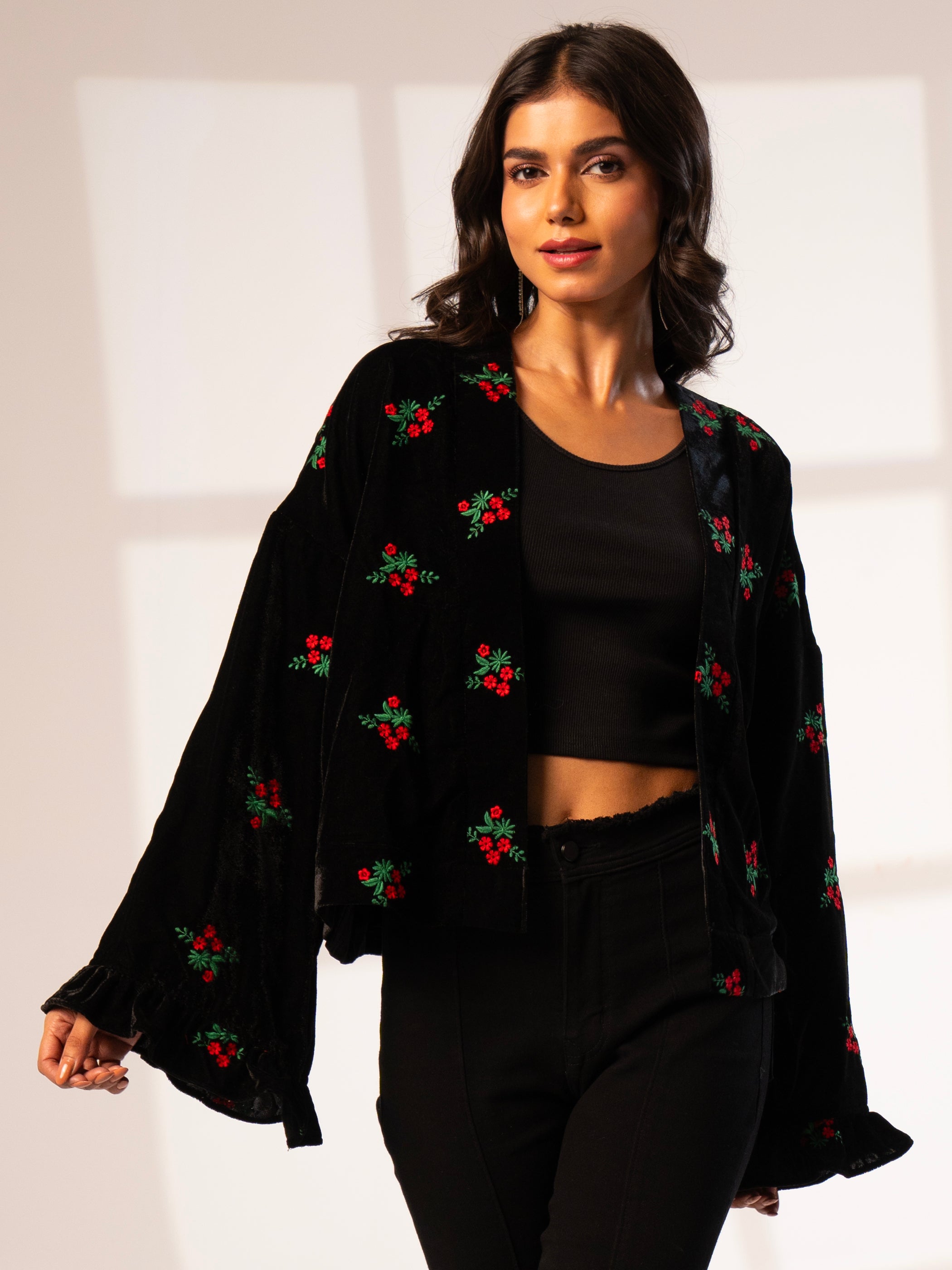 Jolie Black Red Embroidered Velvet Kimono