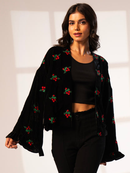 Jolie Black Red Embroidered Velvet Kimono