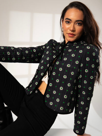 Joyce Black Daisy Print Velvet Edge Jacket