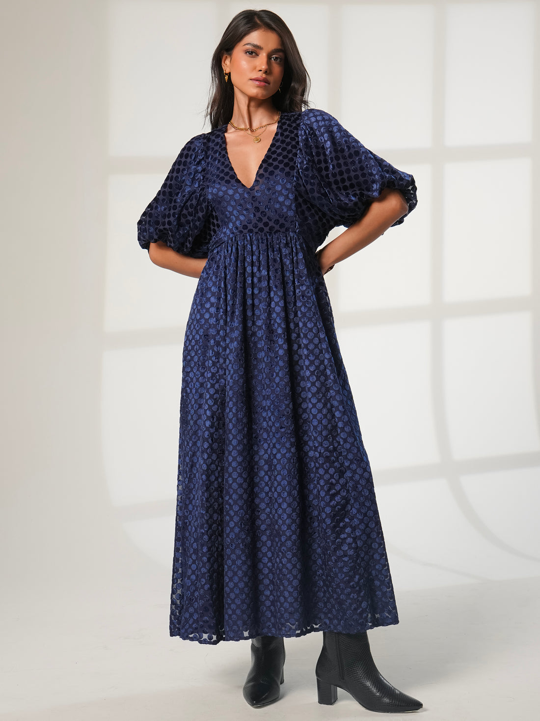 Margot Navy Velvet Spot Maxi Dress