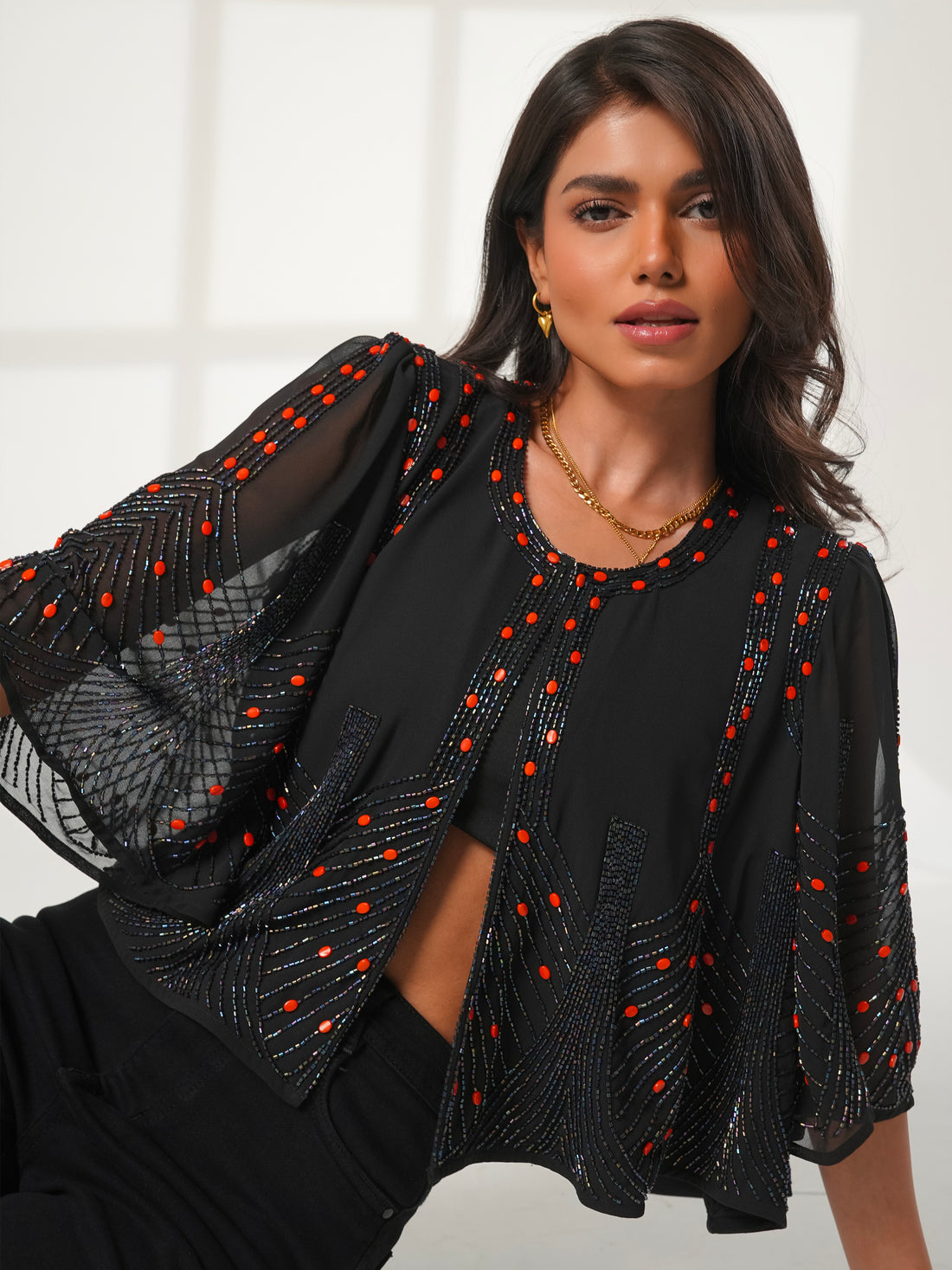Anna Black Cape Sleeve Hand Beaded Top
