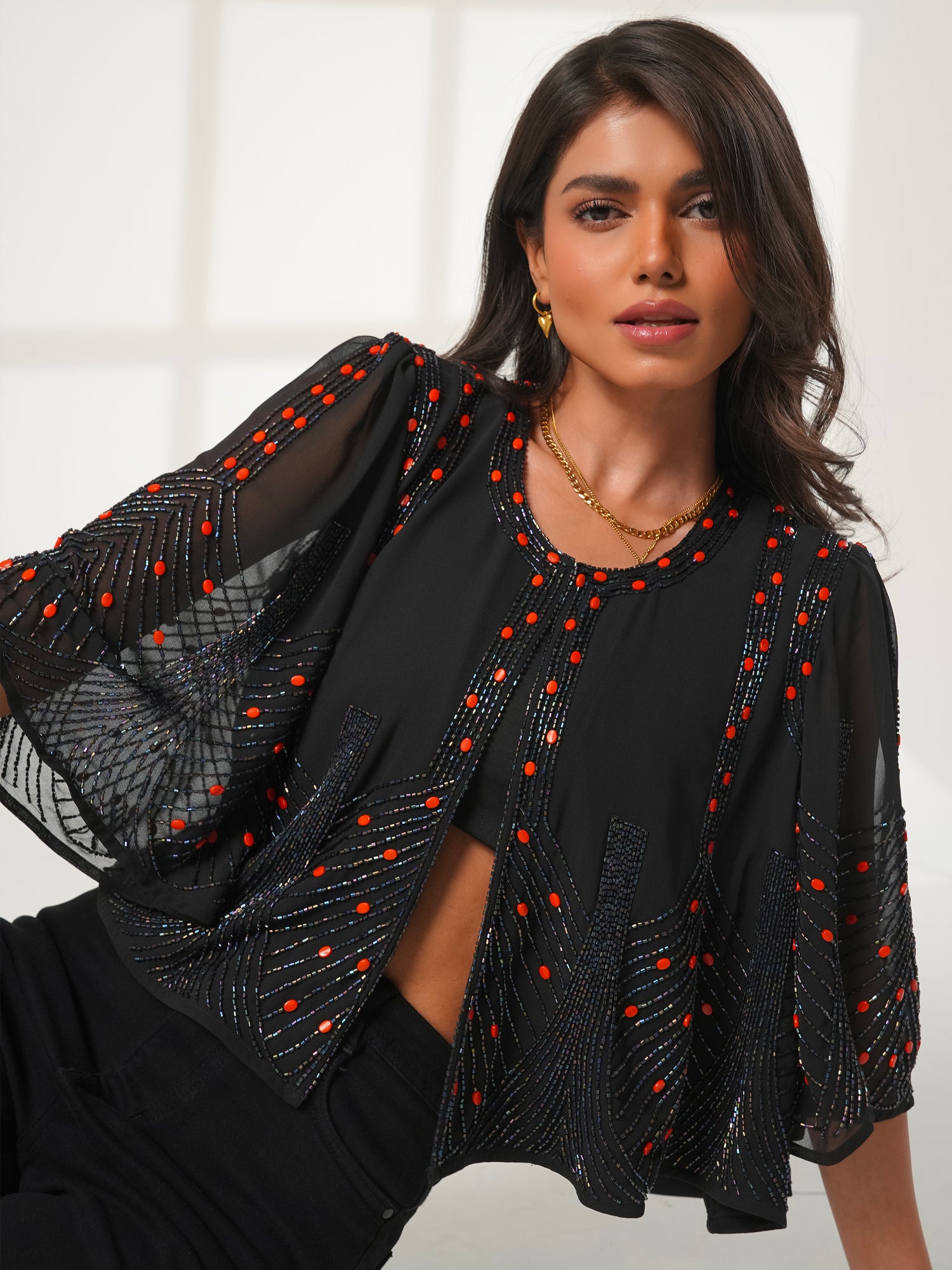 Anna Black Cape Sleeve Hand Beaded Top