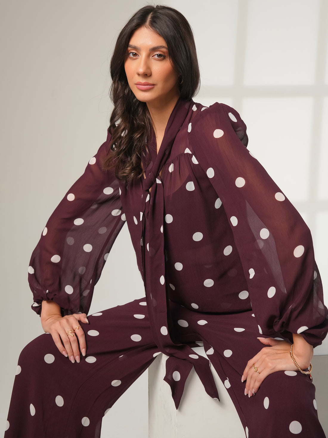 Saphi Chocolate Wine Polka Dot Wide Leg Trouser 