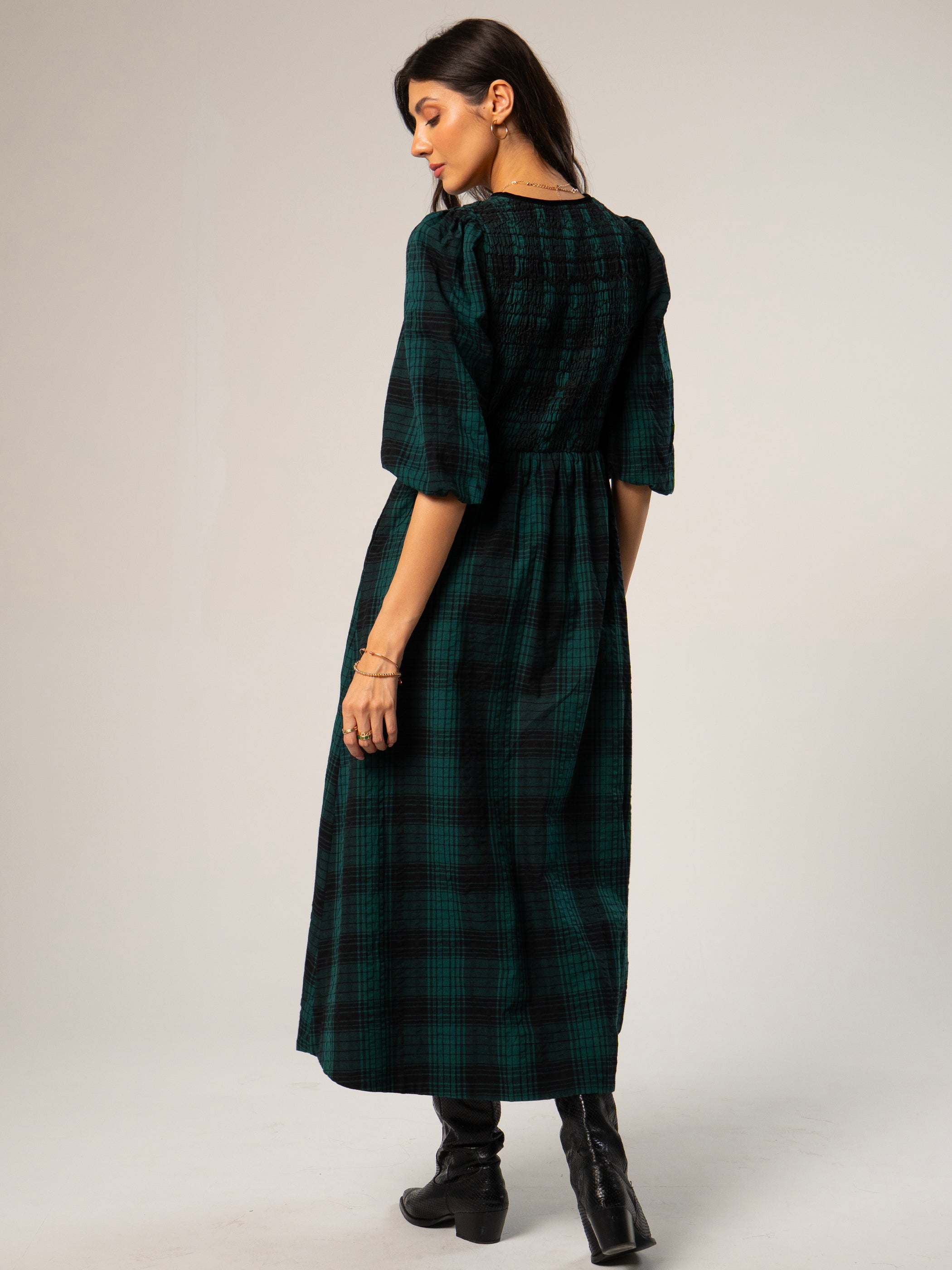 Iris Teal and Black Check Midi Dress