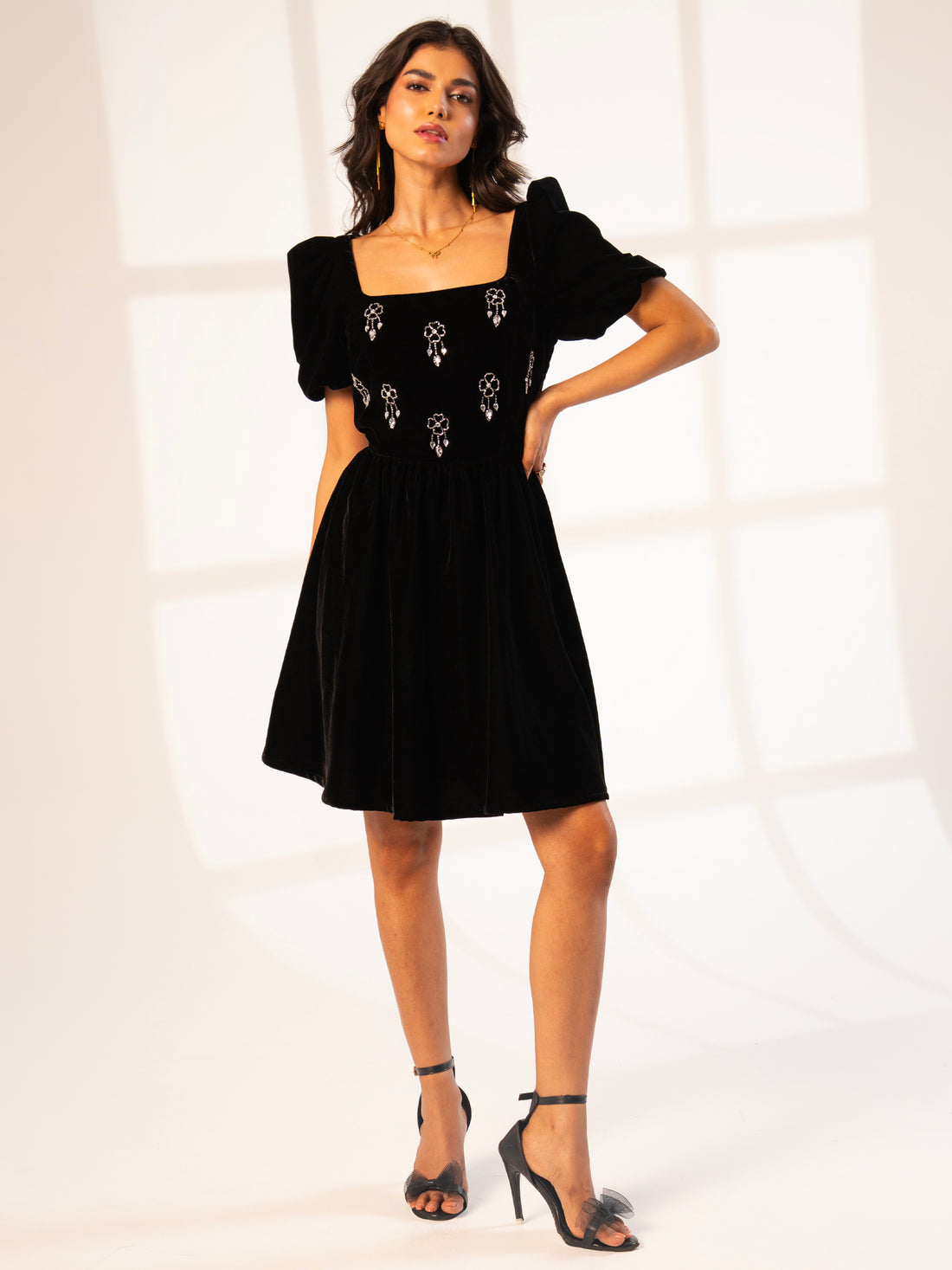 Jolene Black Hand Embellished Square Neck Velvet Mini Dress