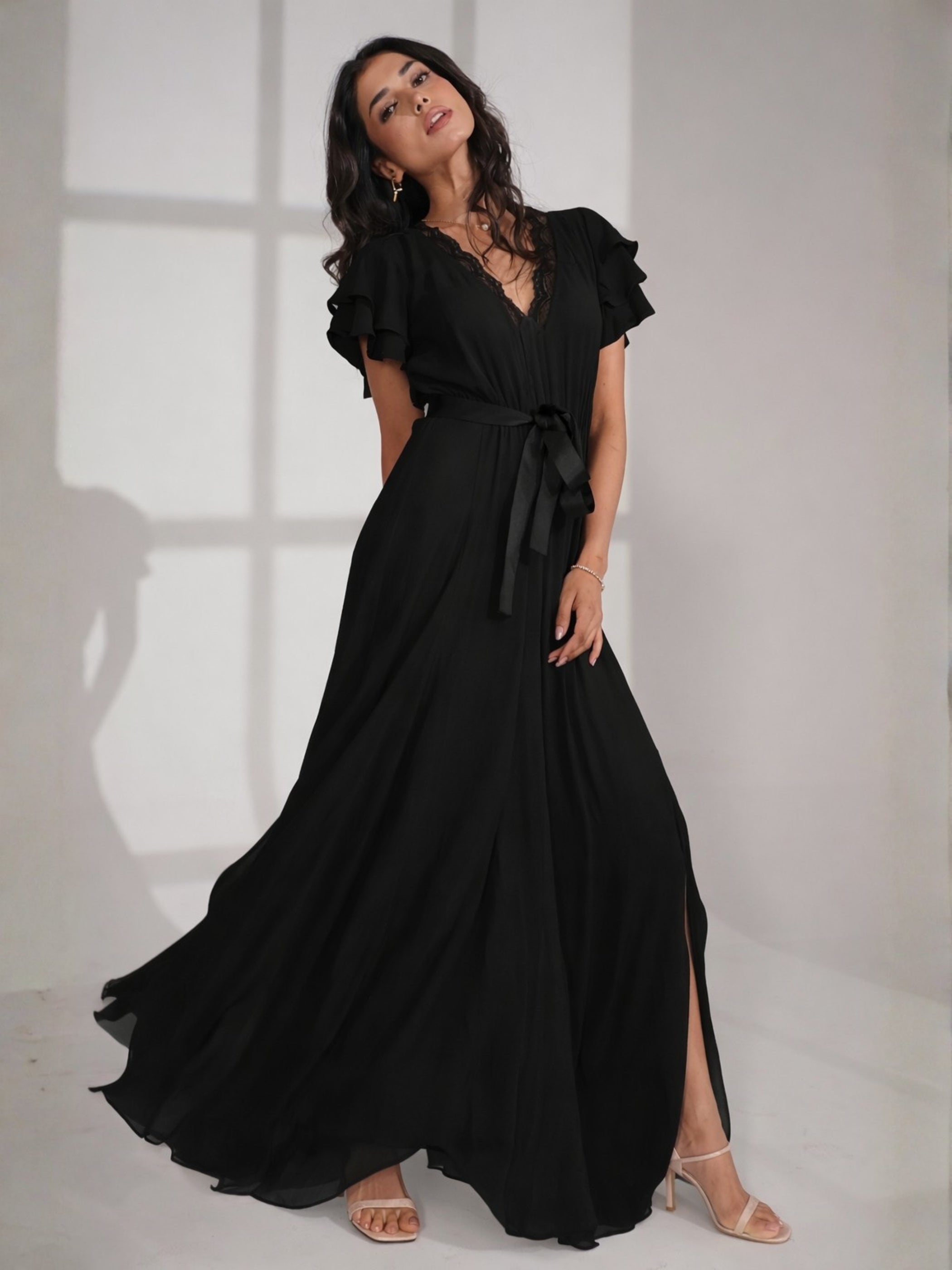 Chloe Black Lace Detail Tie Waist Maxi Dress