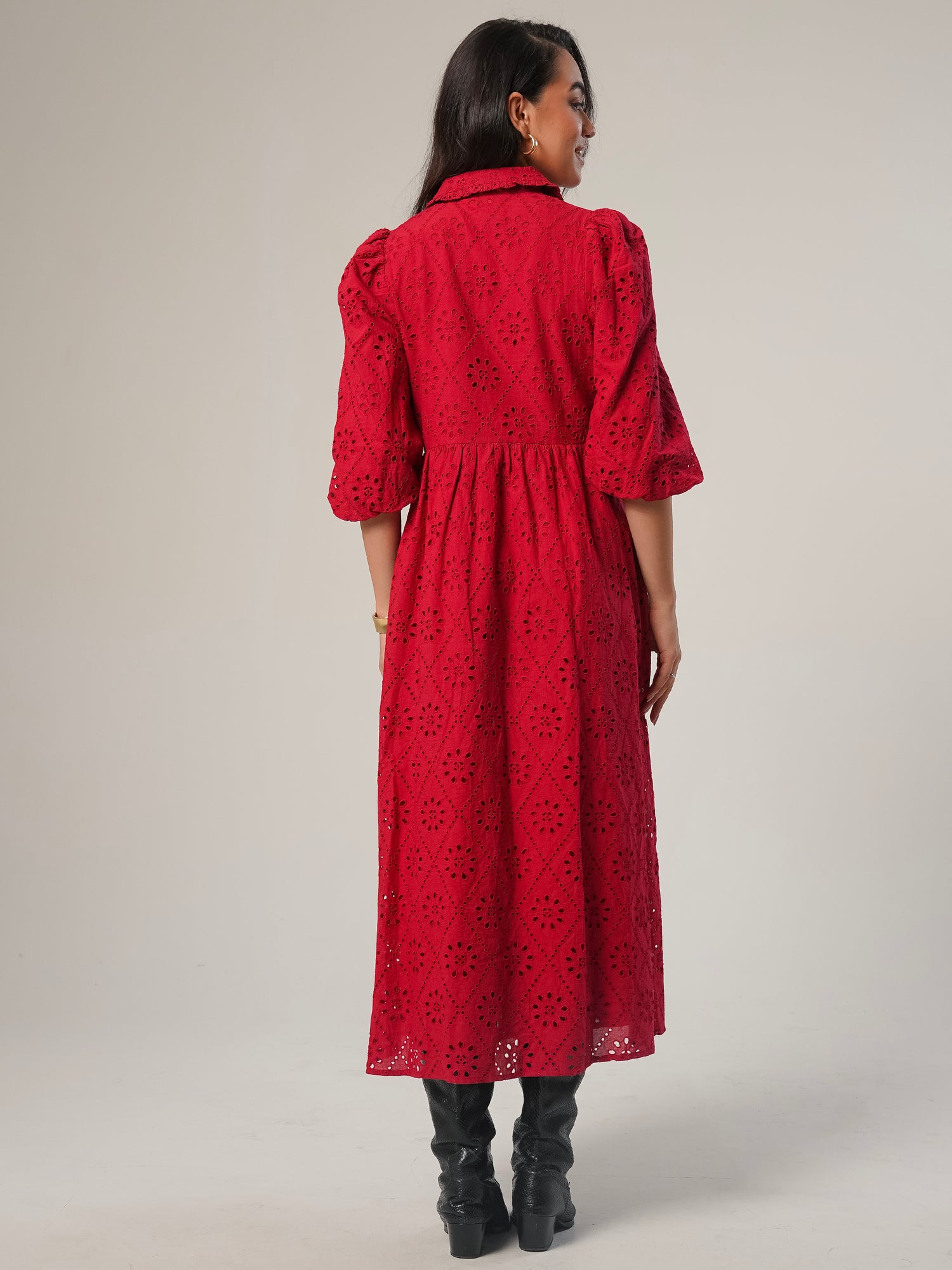 Lucille Red Embroidered Midi Shirt Dress 