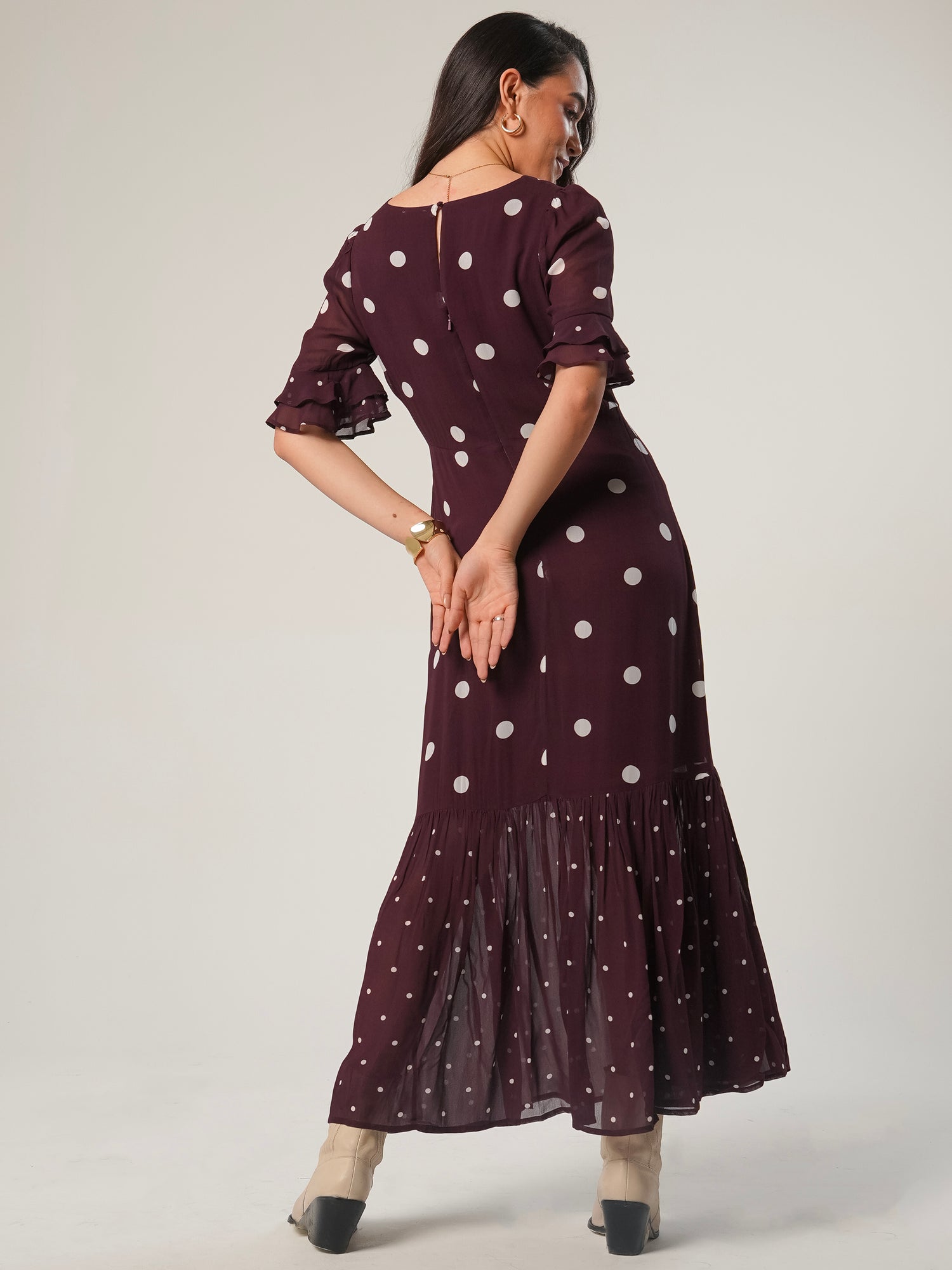 Saphi Chocolate Wine Spot Print Maxi Dress
