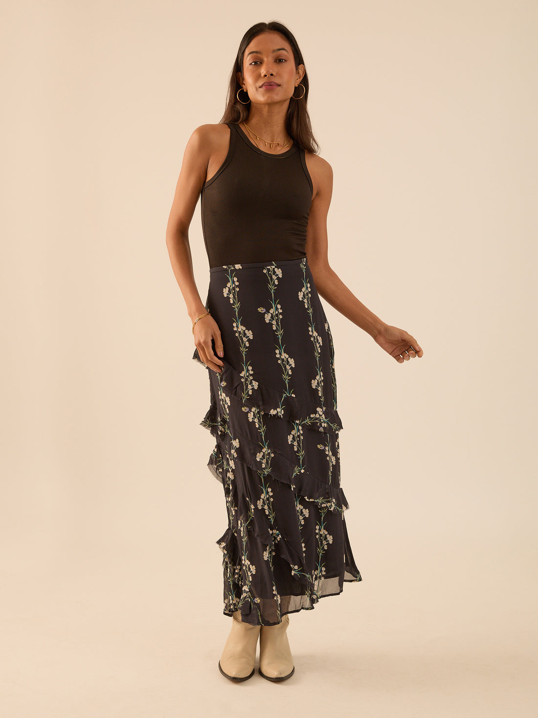 Sophia Spring Berry Maxi Black Frill Skirt