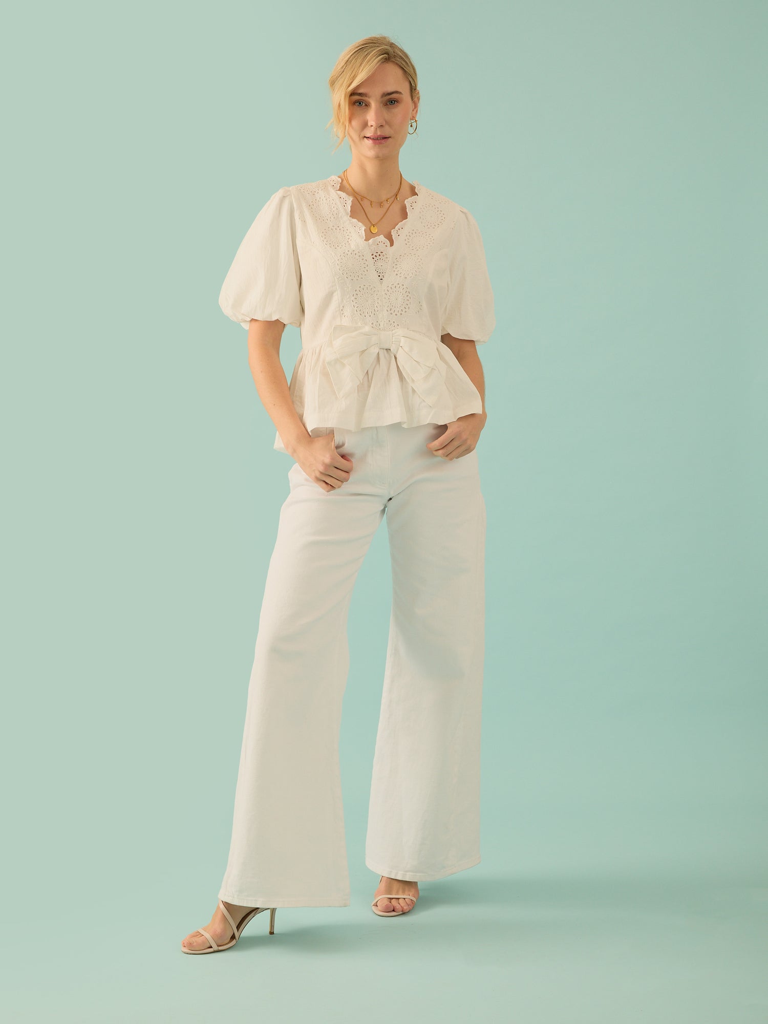 Haillie White Bow Lace Detail Blouse