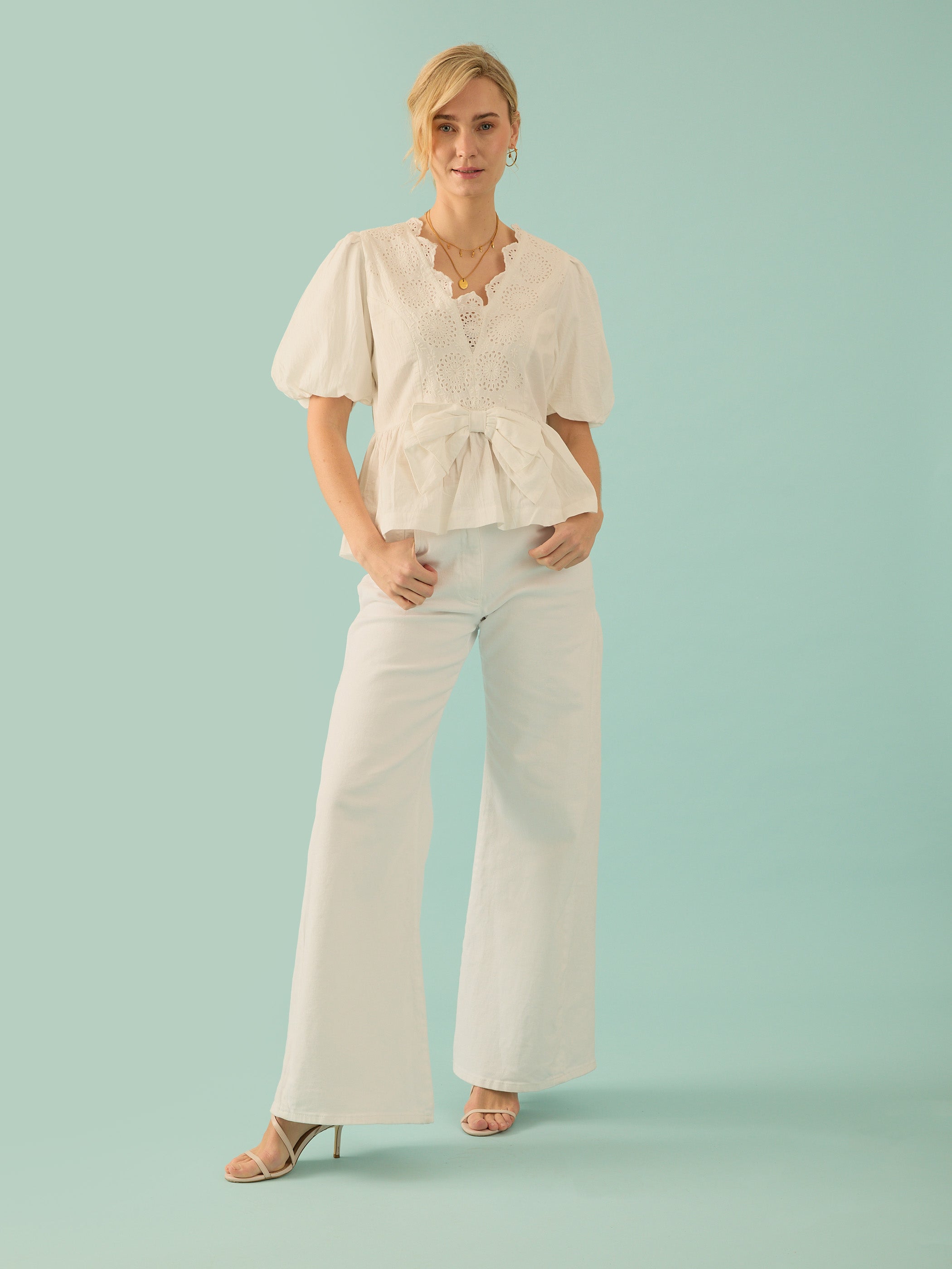Haillie White Bow Lace Detail Blouse