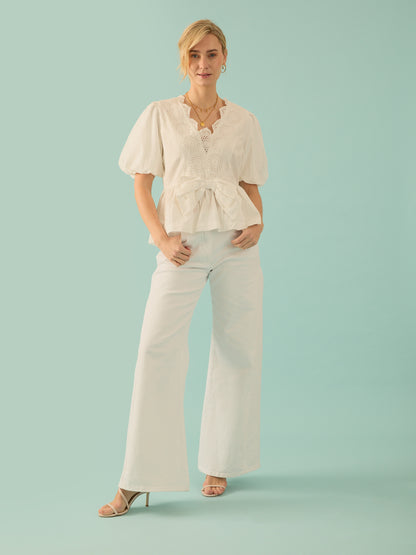 Haillie White Bow Lace Detail Blouse