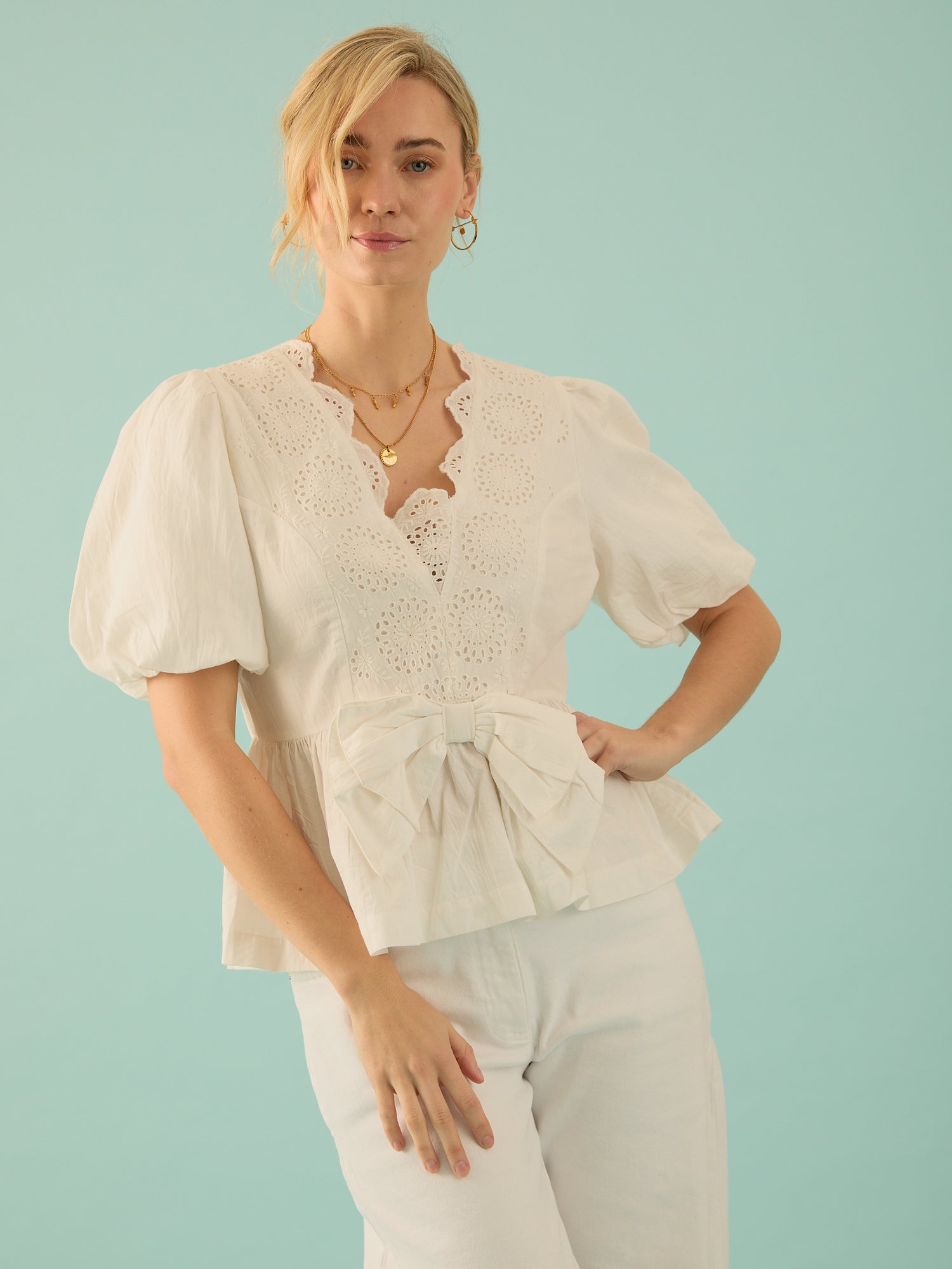 Haillie White Bow Lace Detail Blouse