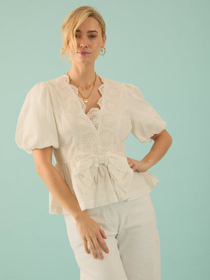 Haillie White Bow Lace Detail Blouse