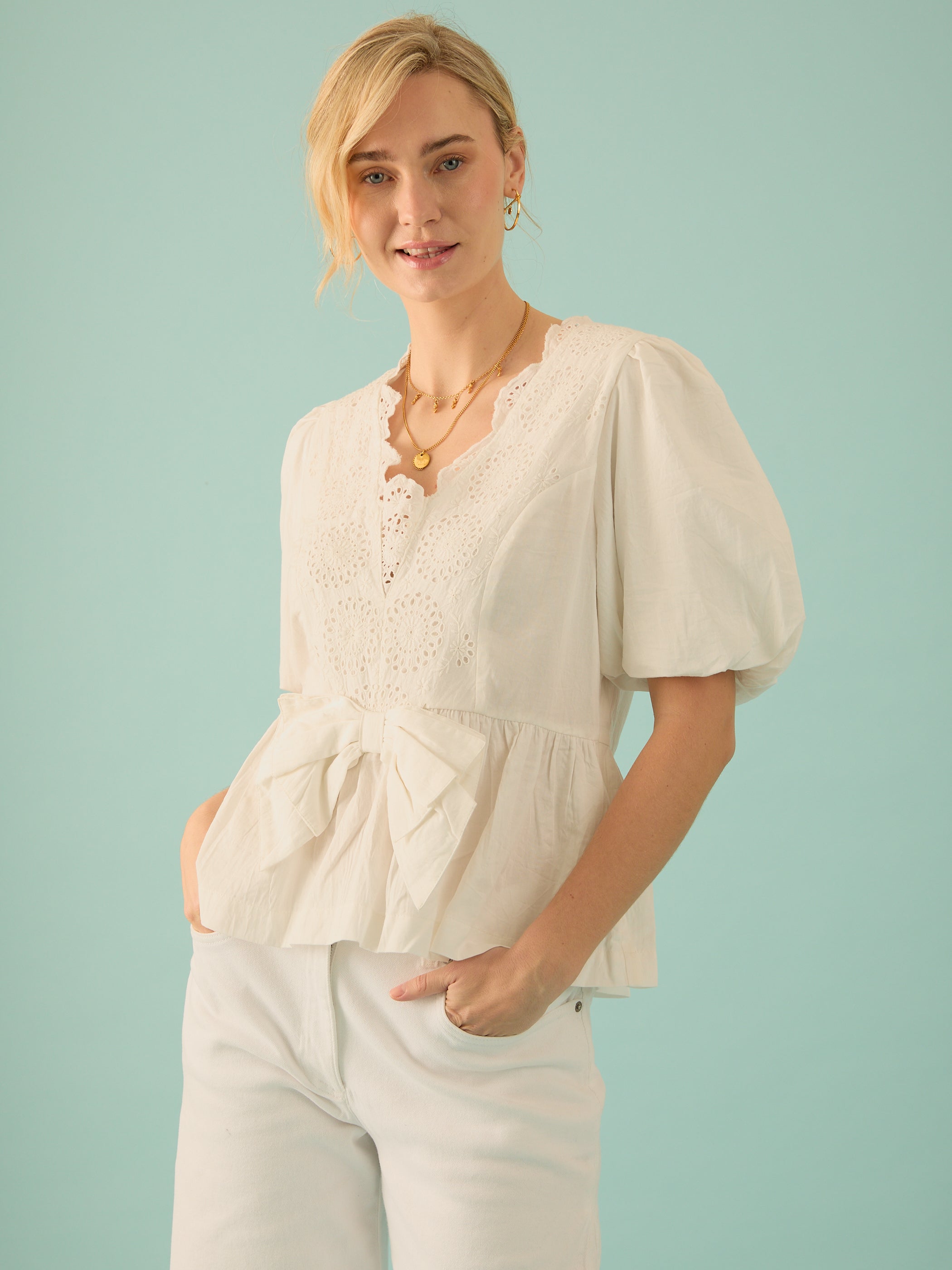Haillie White Bow Lace Detail Blouse