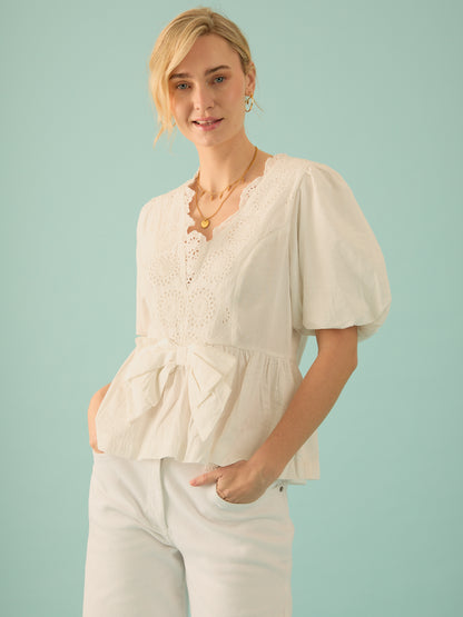 Haillie White Bow Lace Detail Blouse